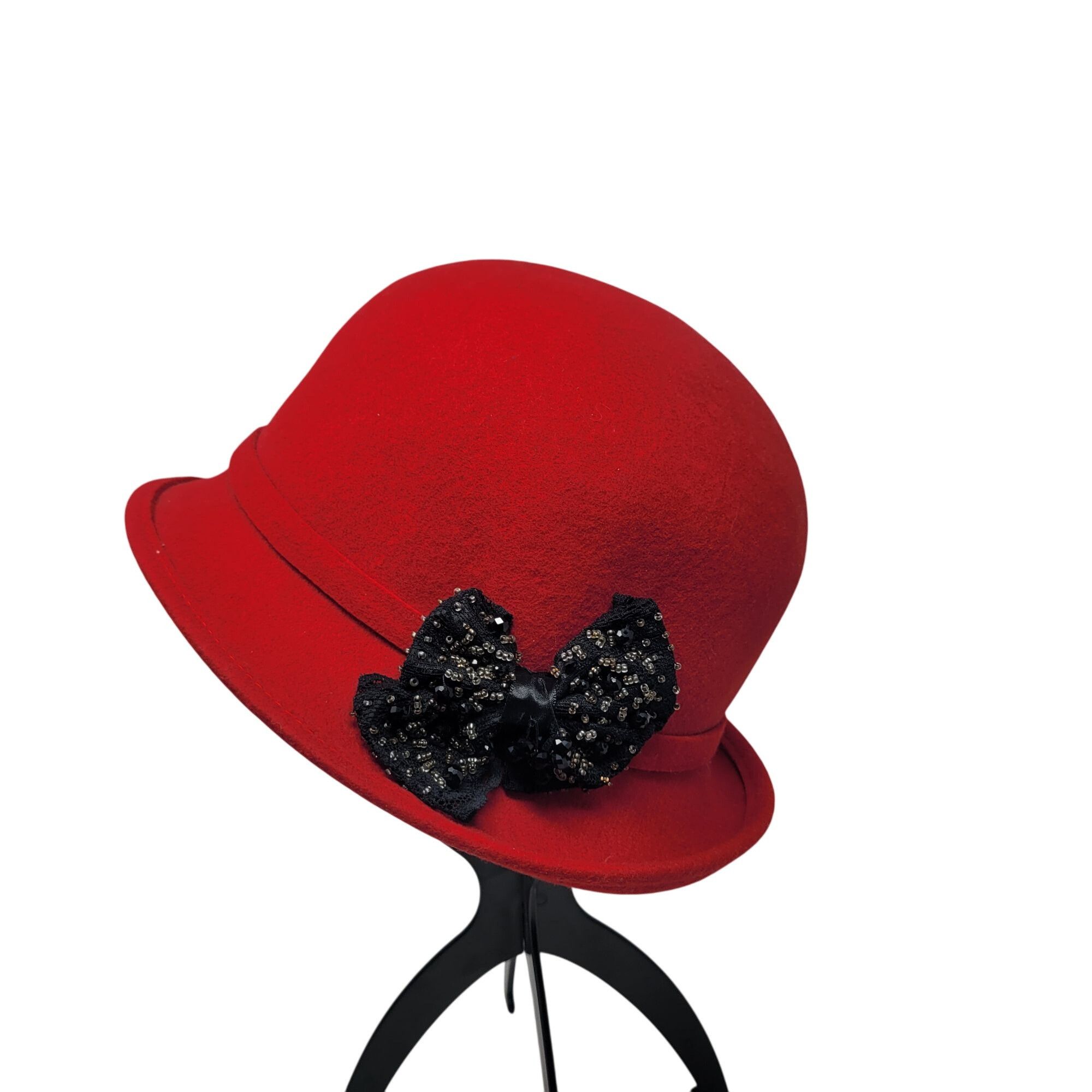 Other Galliano Sorbatti Red Wool Cloche Hat Italy Black Beaded Bow Size ONE SIZE - 1 Thumbnail