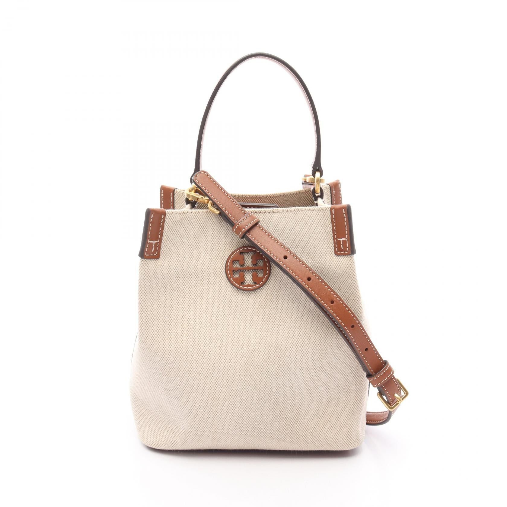 Tory Burch Blake Canvas Bucket Bag Handbag Leather Beige Brown, Women's