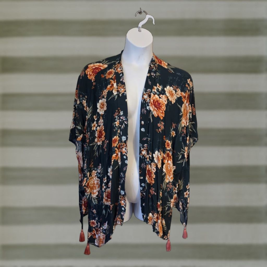 Vintage Knox Rose Cardigan Women XL/2X Green Floral Open Front Boho Hippie Tasseled Duster Size XL / US 12-14 / IT 48-50 - 1 Thumbnail