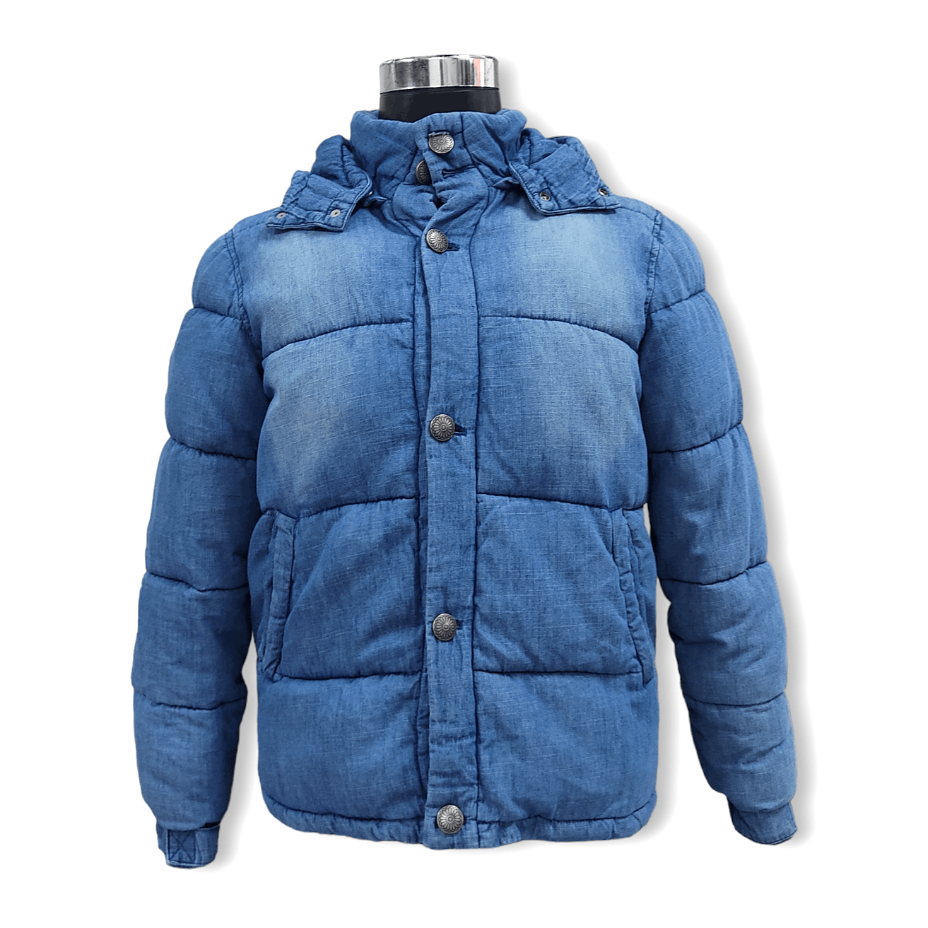 image of Distressed Denim x Japan Blue Lazy Hazy Planet Blue Denim Filled Puffer Jacket, Men's (Size Medium)