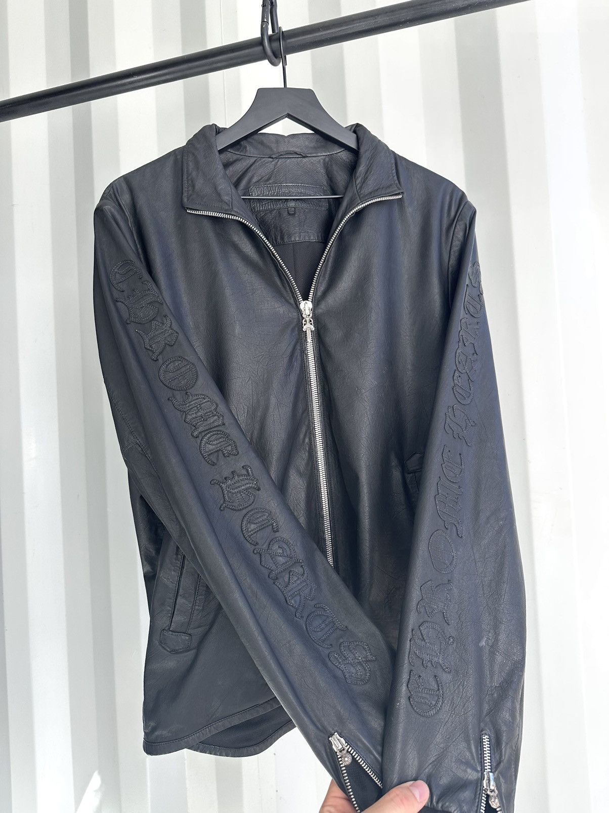 image of Chrome Hearts Sleeve Spellout Patch Leather Jacket in Black, Men's (Size Large)