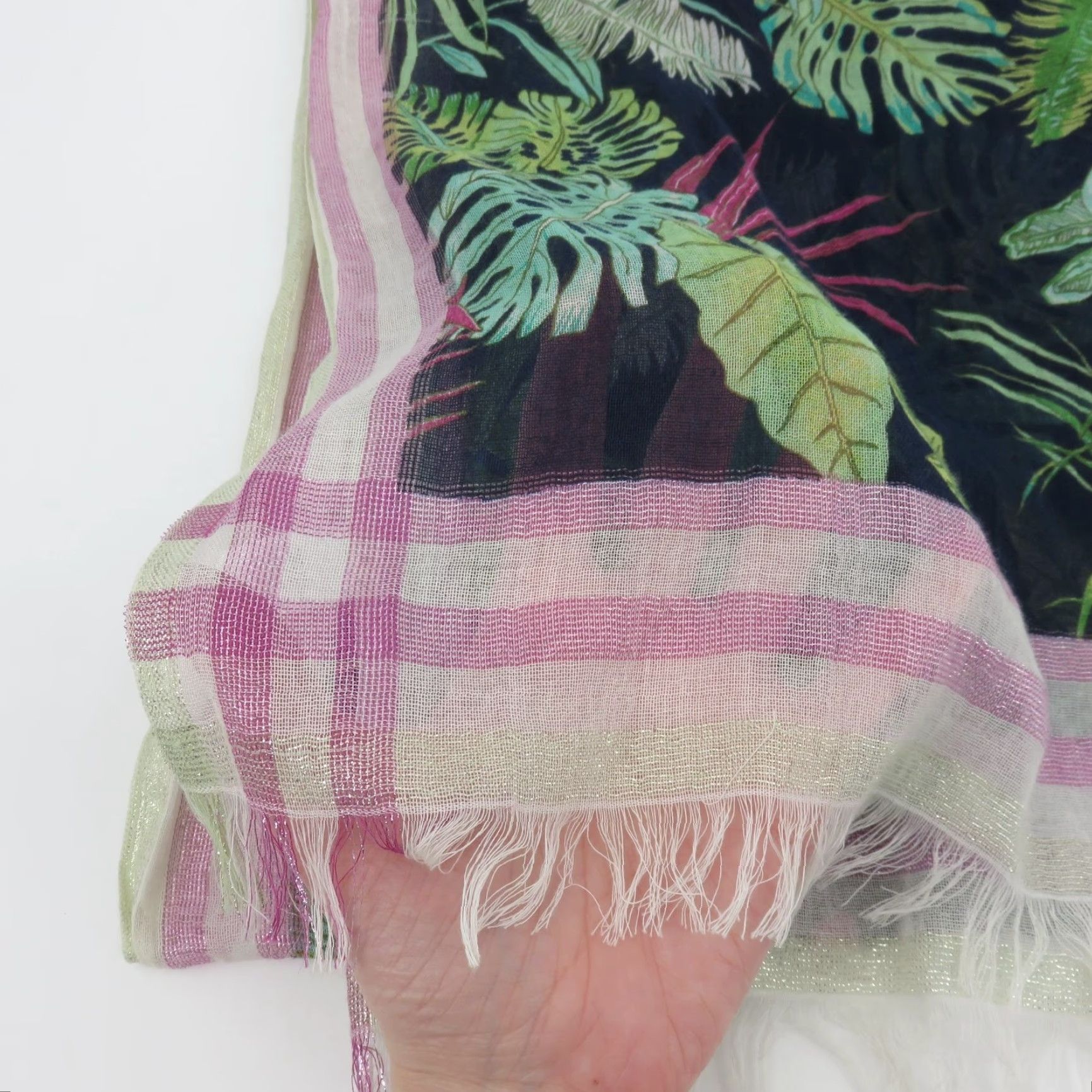 J. Jill J Jill Multicolor Tropical Leaf Rectangle Scarf Cotton Blend Womens Scarf Floral Pattern Tropical Fall Summer Winter 75" Fringe Size ONE SIZE - 3 Thumbnail