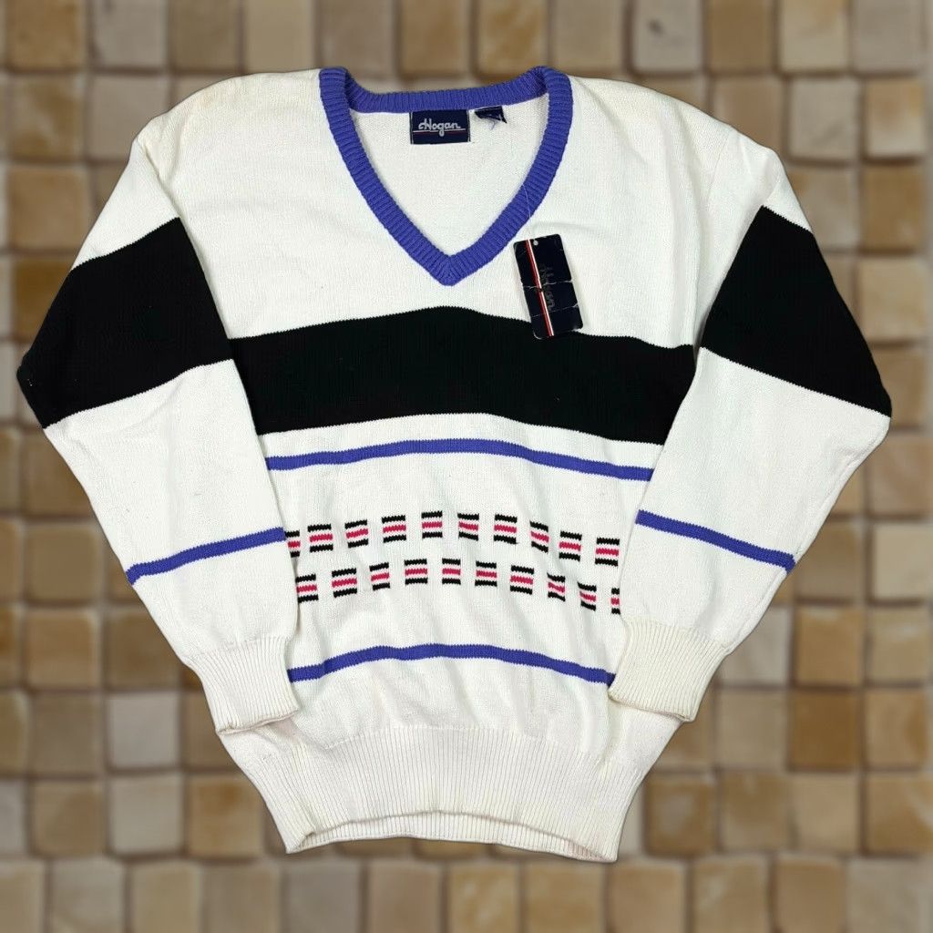 Hogan VINTAGE Hogan V-Neck Striped Knit Pullover Sweater - Women's Medium - White - 90s 80s Retro Casual Fashion Row Size M / US 6-8 / IT 42-44 - 1 Thumbnail