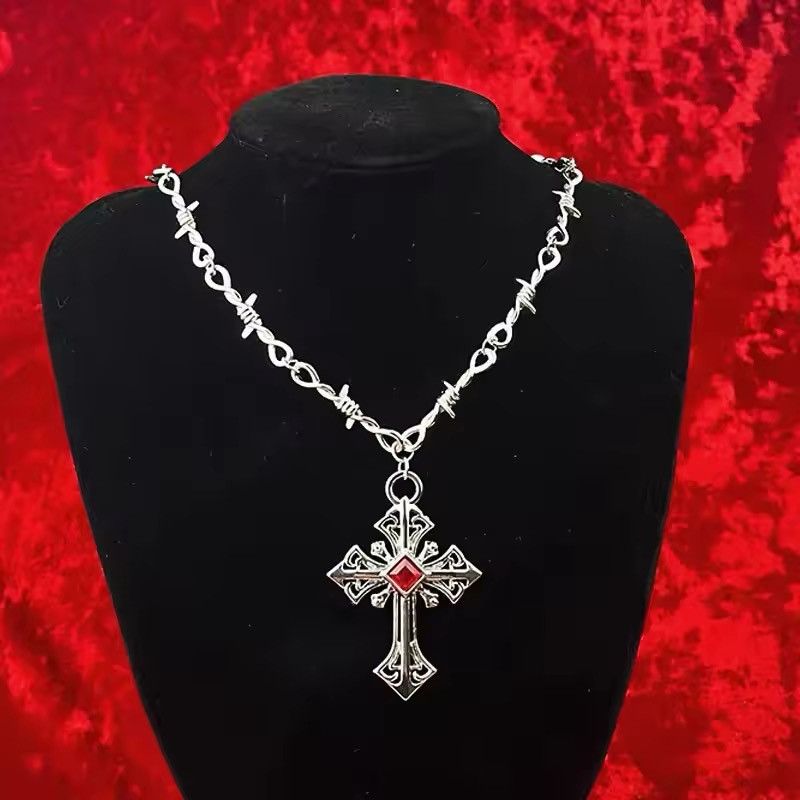 Jewelry Barbed Wire Thorn Rhinestone Cross Pendant Necklaces in Red, Men's