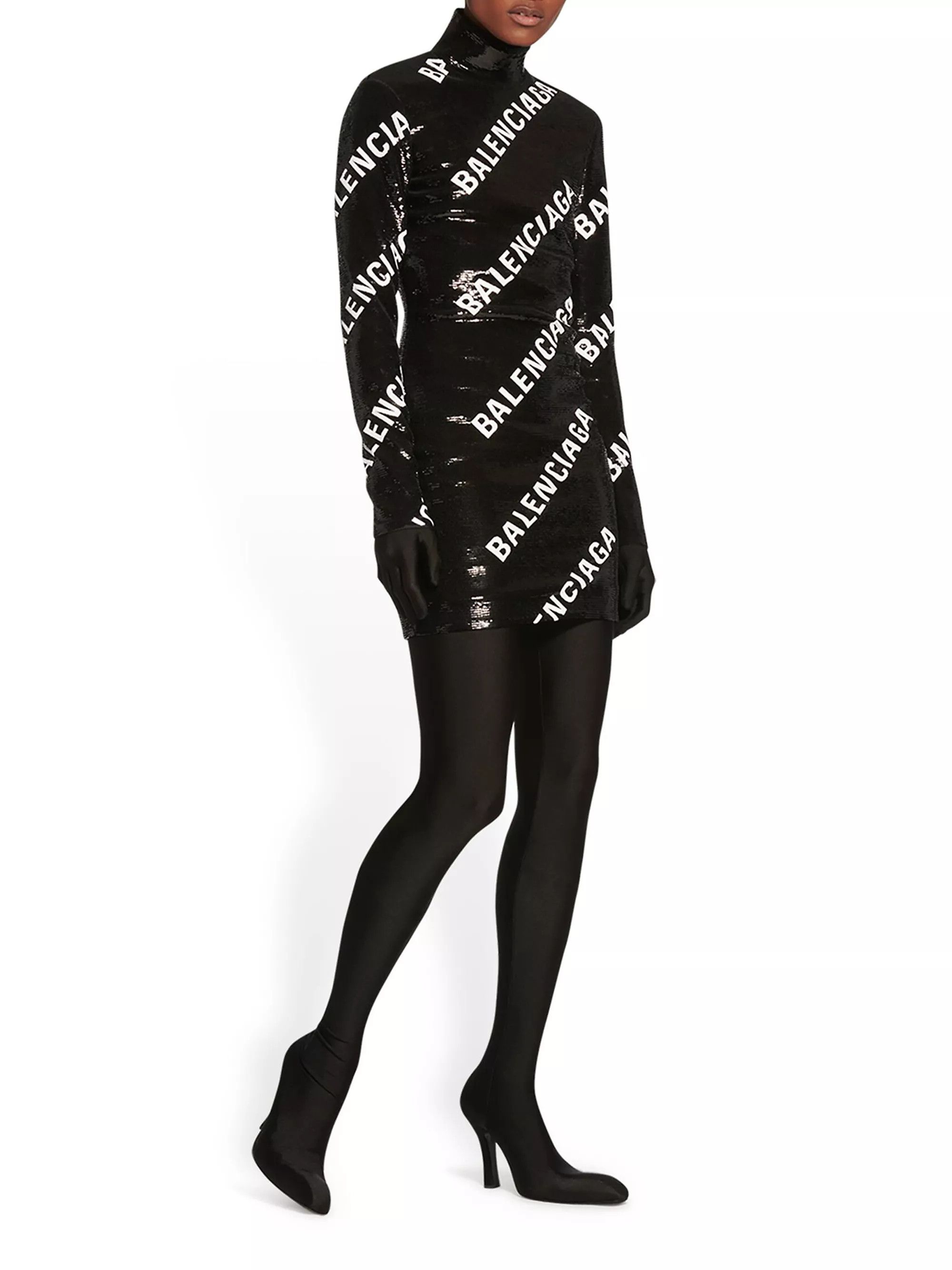 Balenciaga o1mt1gz0325 Allover Logo Embroidered Dress in Black/White Size XL / US 12-14 / IT 48-50 - 1 Thumbnail