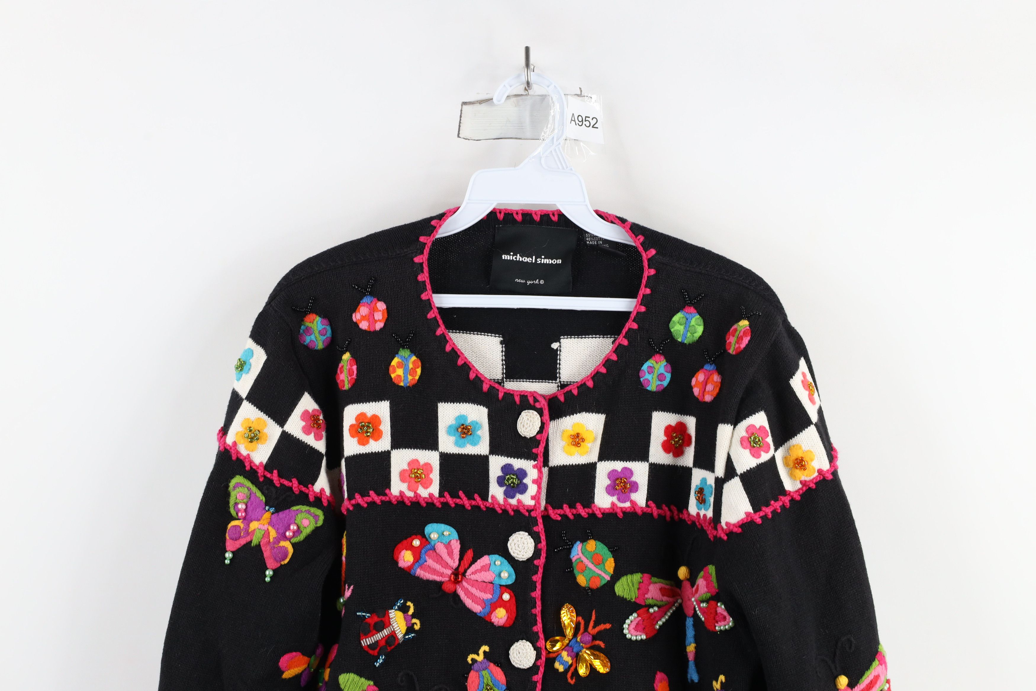 Vintage Vintage 90s Michael Simon Flower Knit Cardigan Sweater Size L / US 10 / IT 46 - 2 Thumbnail