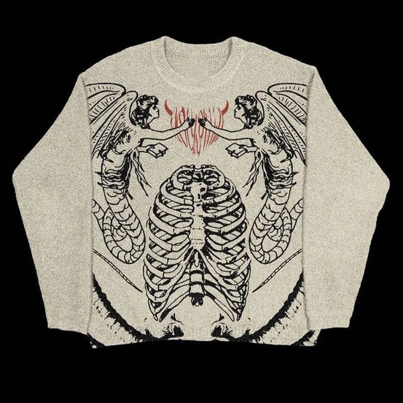 image of Vintage Women's Knitting Gothic Sweater Harajuku O Neck in White