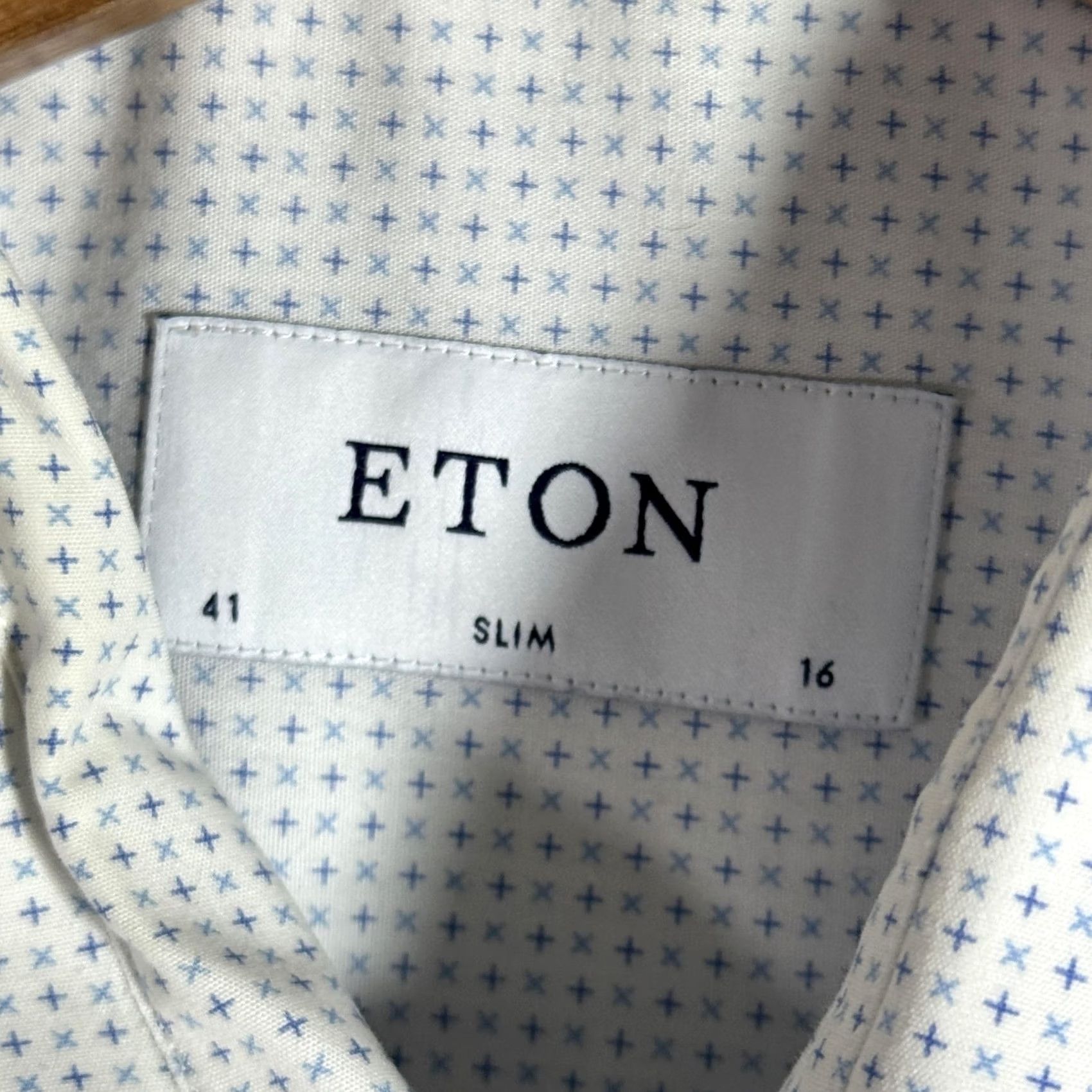 Eton VINTAGE Eton Shirt Geometric Print Dress Sleeve Long Sleeve Mens 16 41 White Blue Slim Fit Barrel Cuff Spread Collar Mens Size 42R - 6 Thumbnail