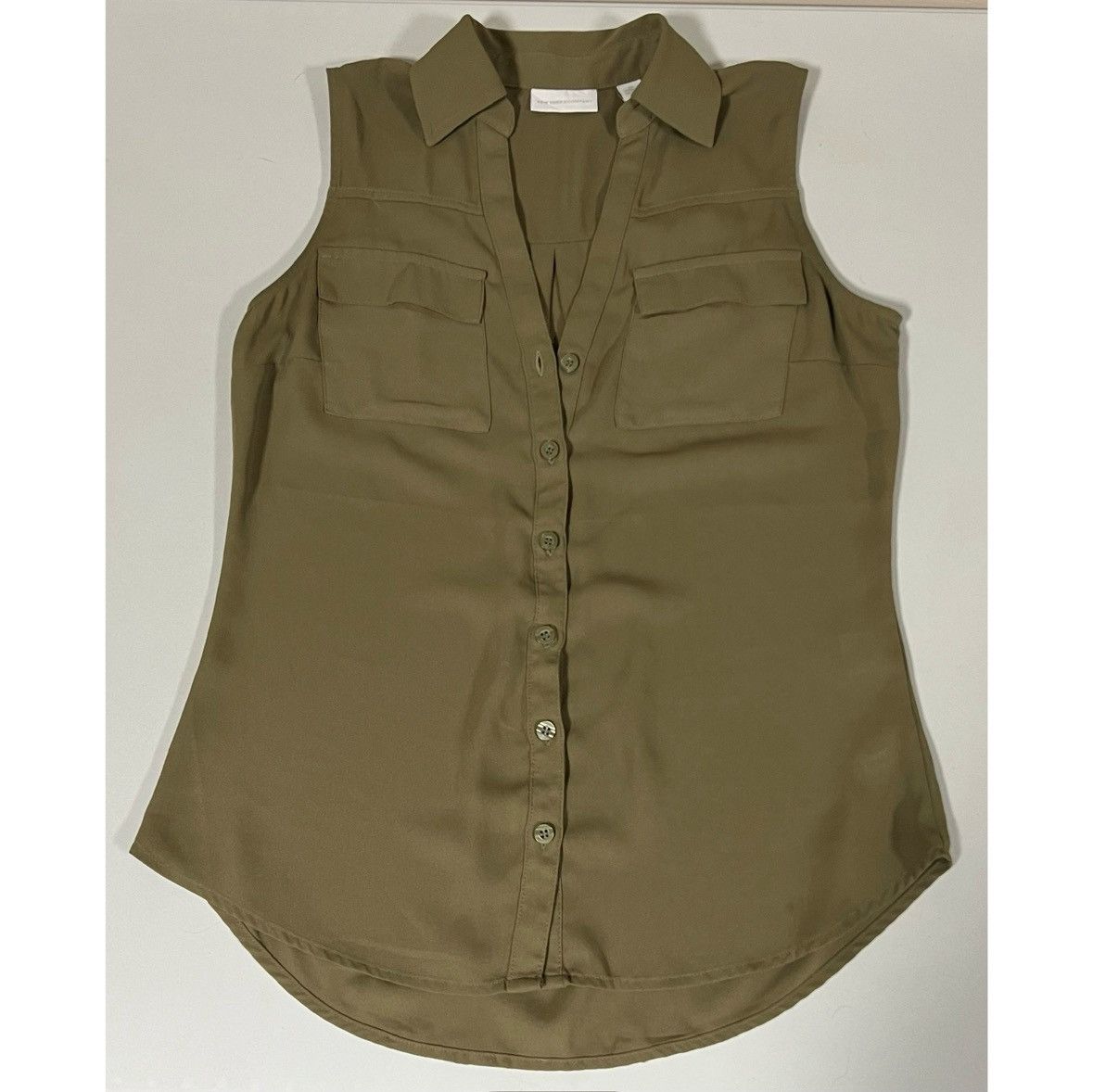 Product Of New York NY & Co. Olive Collared Button-Down Shirt Blouse Size XS 🐍✨ Size XS / US 0-2 / IT 36-38 - 1 Thumbnail