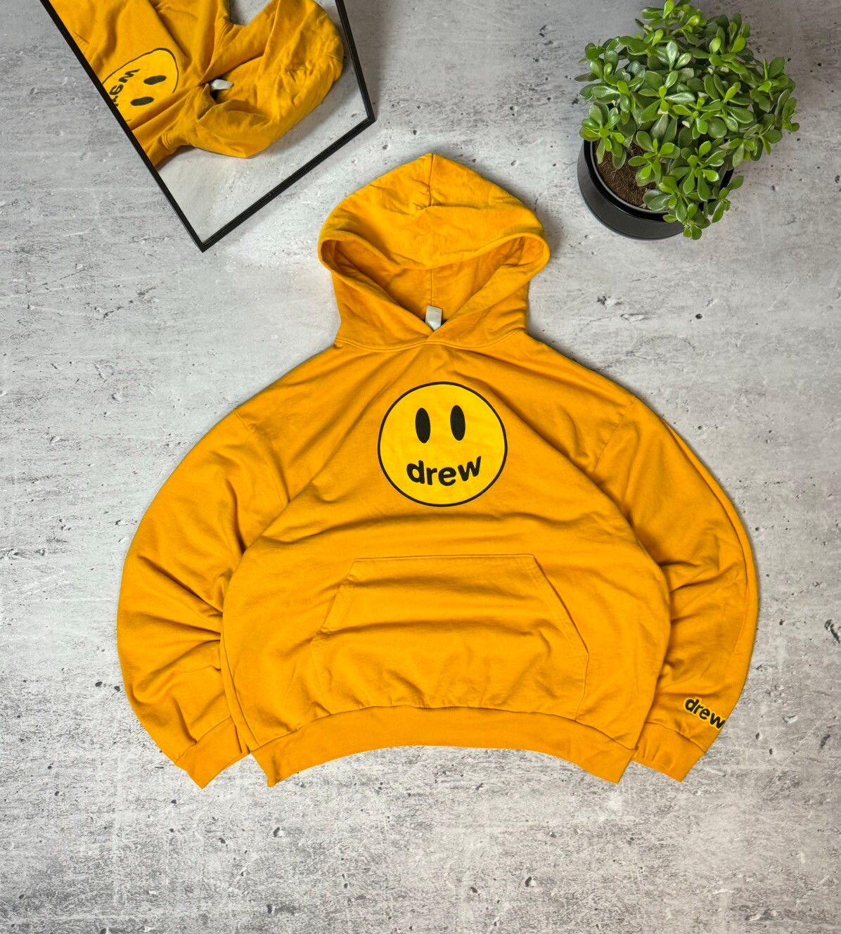 Pre-owned Drew House X Justin Bieber Drew House Oversize Smiley Hoodie Big Logo In Yellow