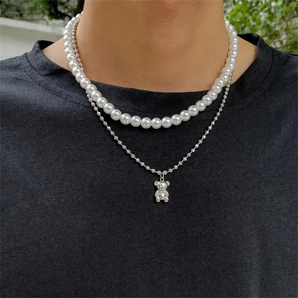 Chain x Jewelry Double Layer Pearl Bear Necklace Silver Necklace in Silver/White, Men's