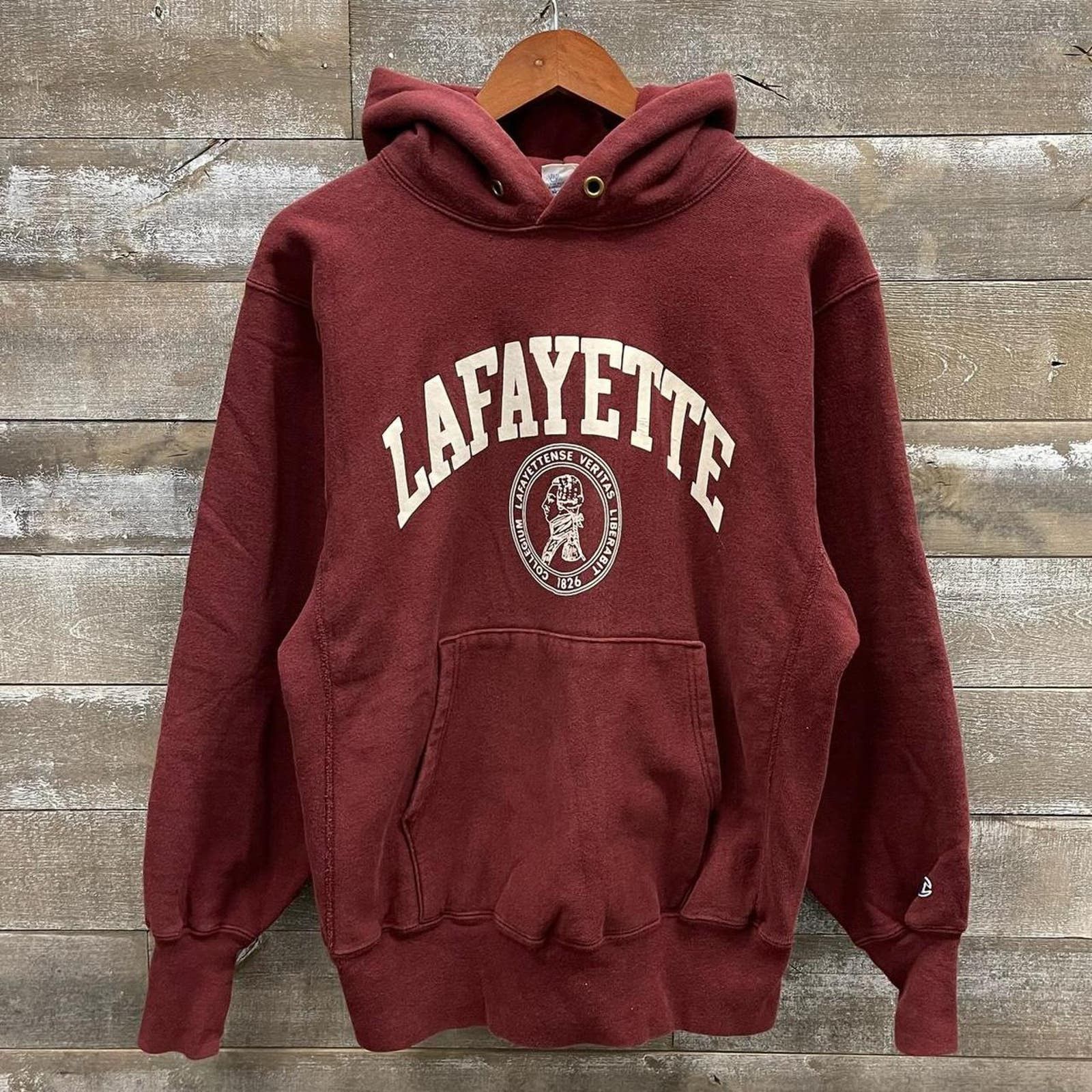 image of Vintage Champion Lafayette University Graphic Hoodie Large in Red, Men's