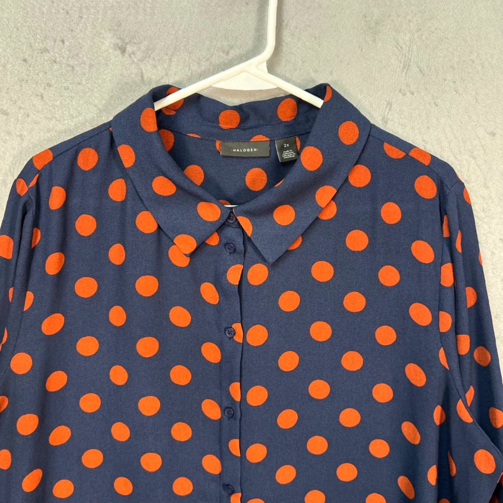 Vintage Halogen Blouse Womens 2X Blue & Orange Polka Dot Button-Up 100% Polyester Size XXL / US 16-18 / IT 52-54 - 7 Thumbnail