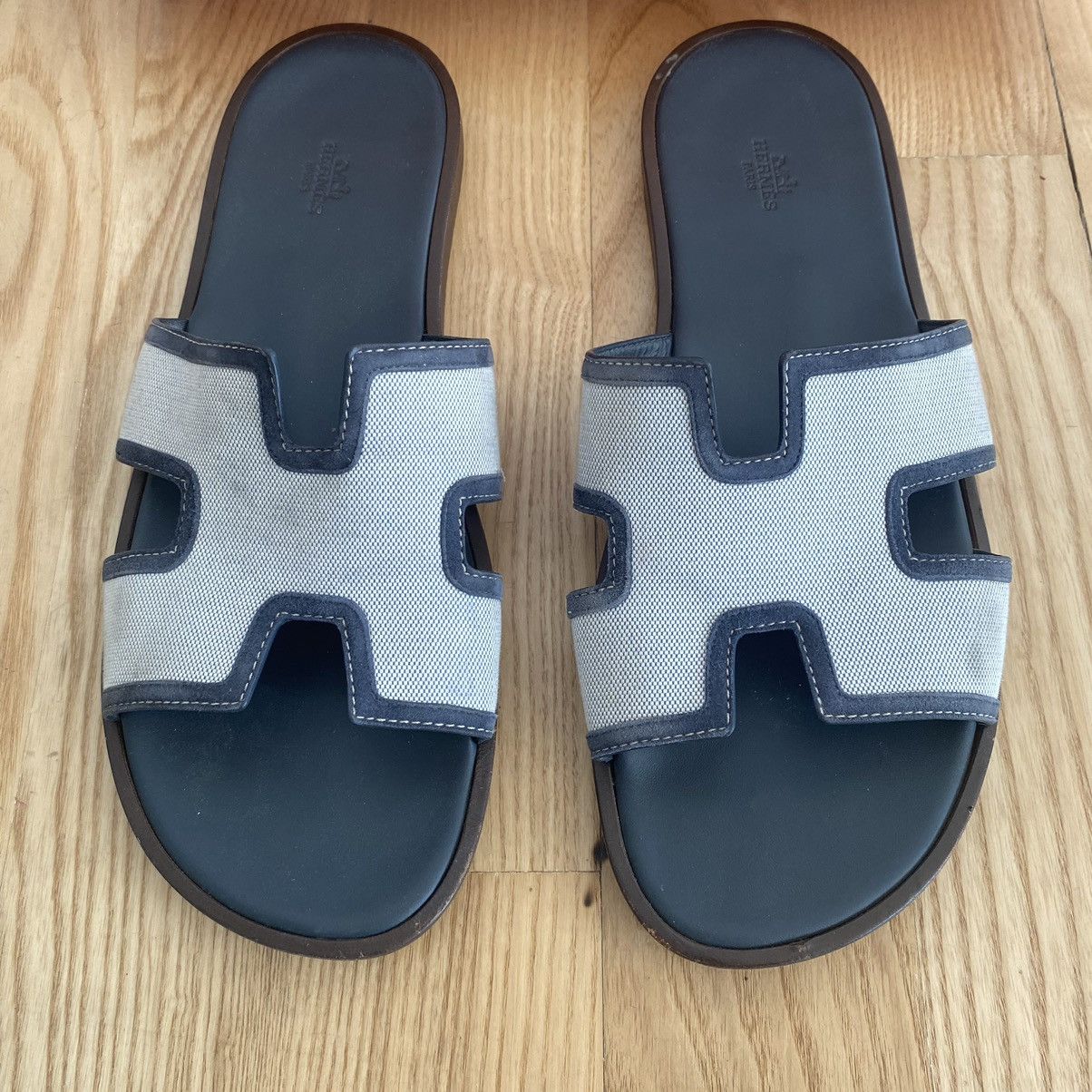 Hermes Hermes Izmir Mens Sandals Shoes Grey Canvas Blue Suede Size US 13 / EU 46 - 2 Thumbnail