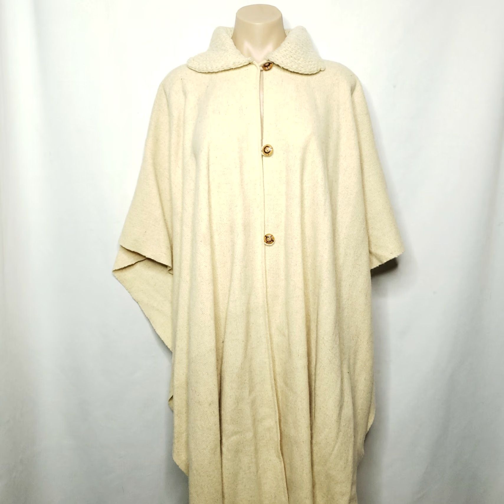 Vintage VINTAGE Beige Oatmeal Wool Blanket Poncho Cape Cream Sweater Knit Collar One Size Womens M? Size ONE SIZE - 5 Thumbnail