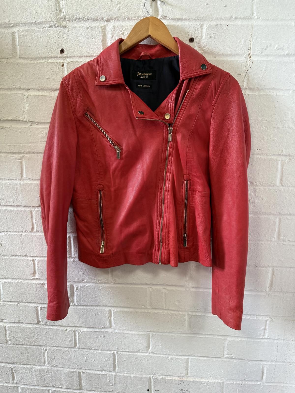 Designer Stylish Red Leather Biker Jacket by Extraordinary Size S / US 4 / IT 40 - 1 Thumbnail