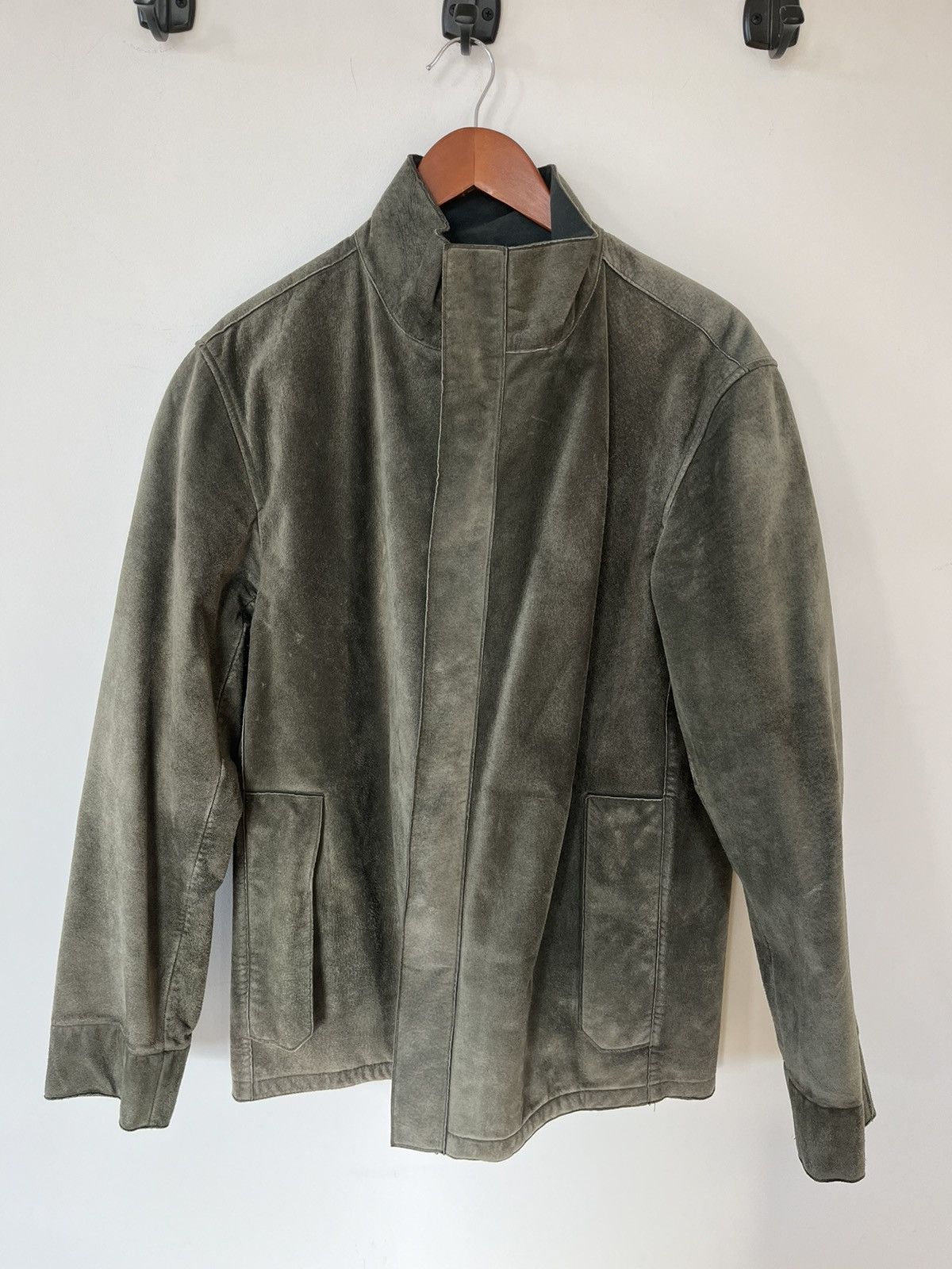 image of Yohji Yamamoto 1990S Washed Olive Pigskin Leather Jacket in Green, Men's (Size Large)