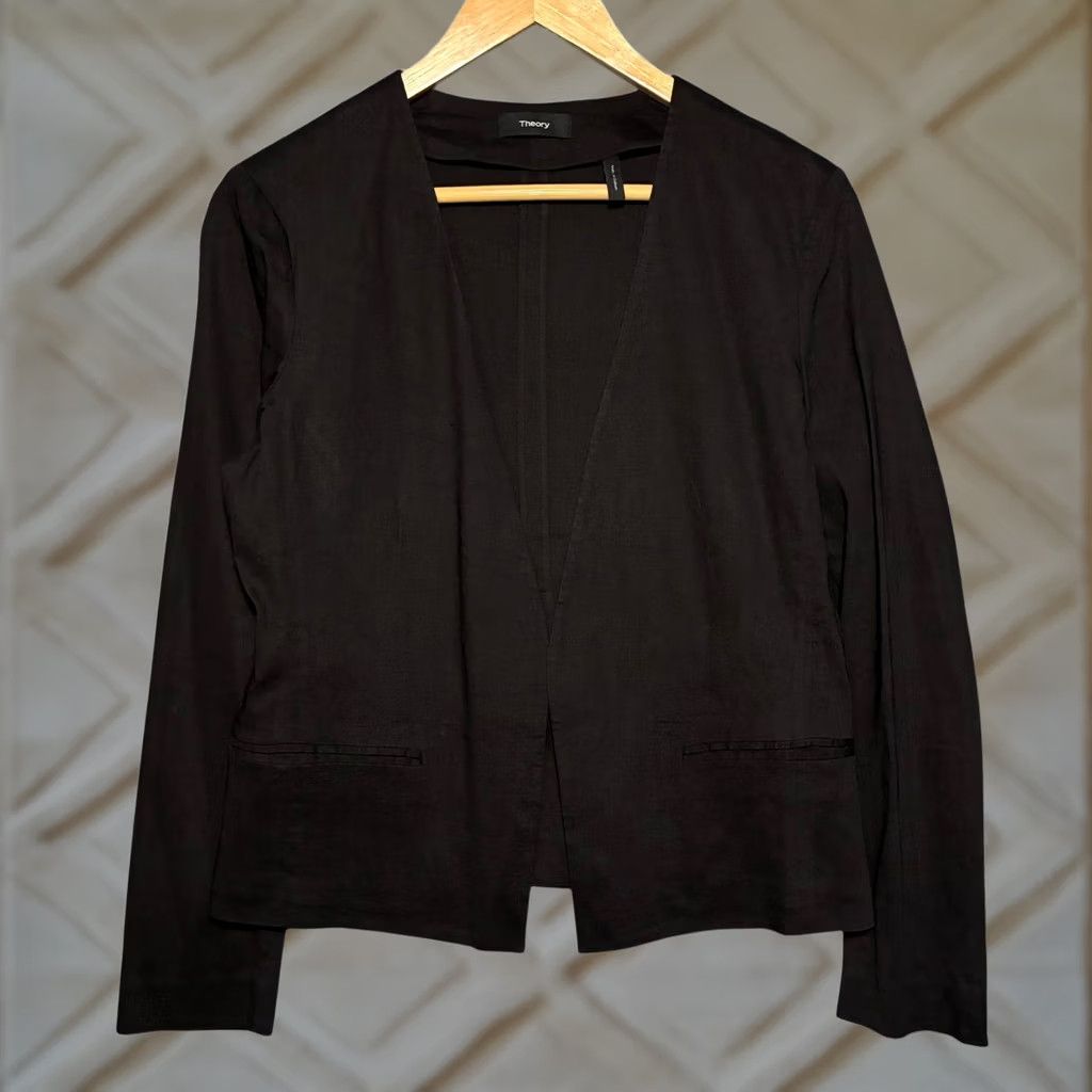 Theory EUC Theory Blazer Black Open Front Collarless Women's 6 Cropped Lightweight Linen Blend Jacket Size M / US 6-8 / IT 42-44 - 1 Thumbnail