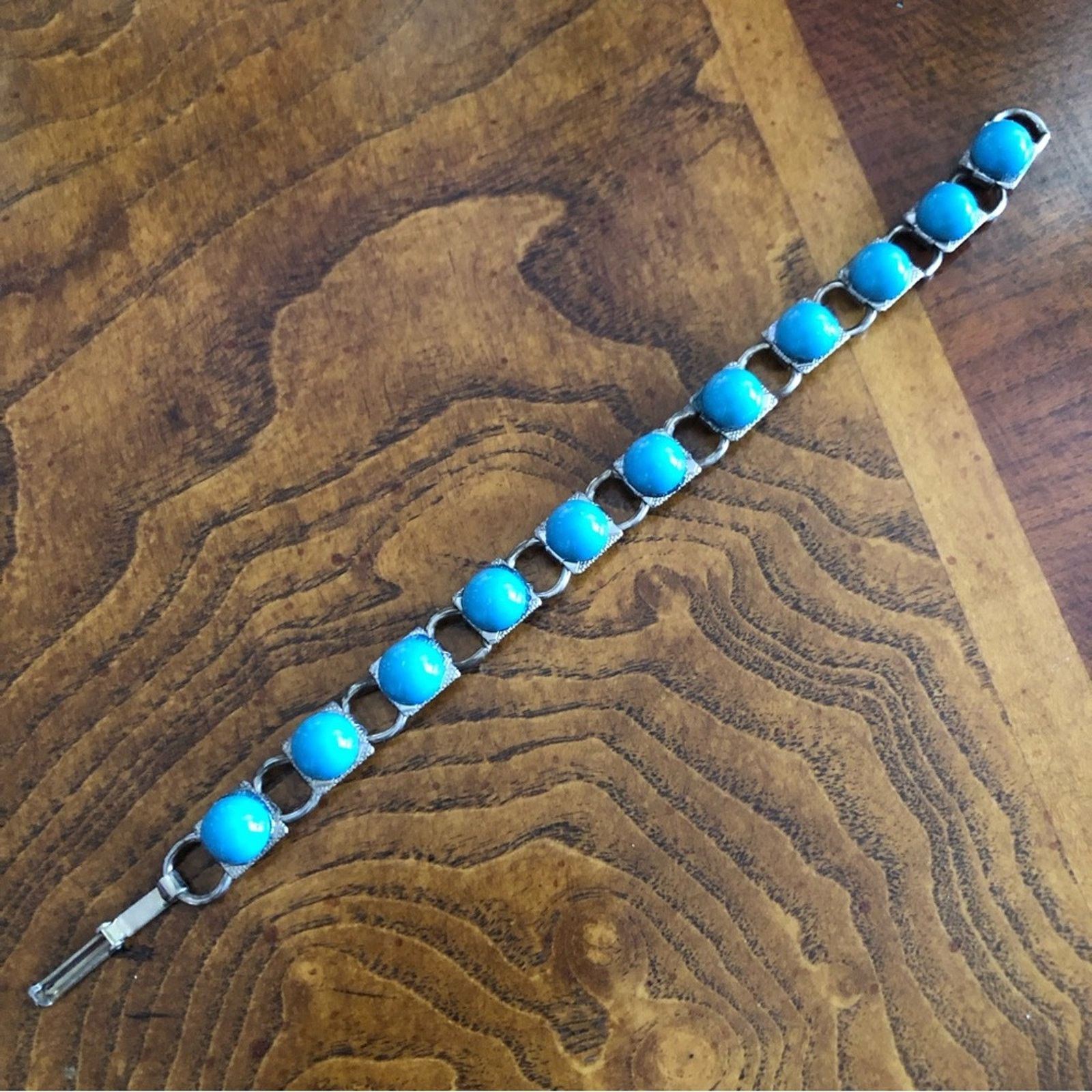 Vintage Vintage 70s turquoise cabochon silver link bracelet Size ONE SIZE - 4 Thumbnail