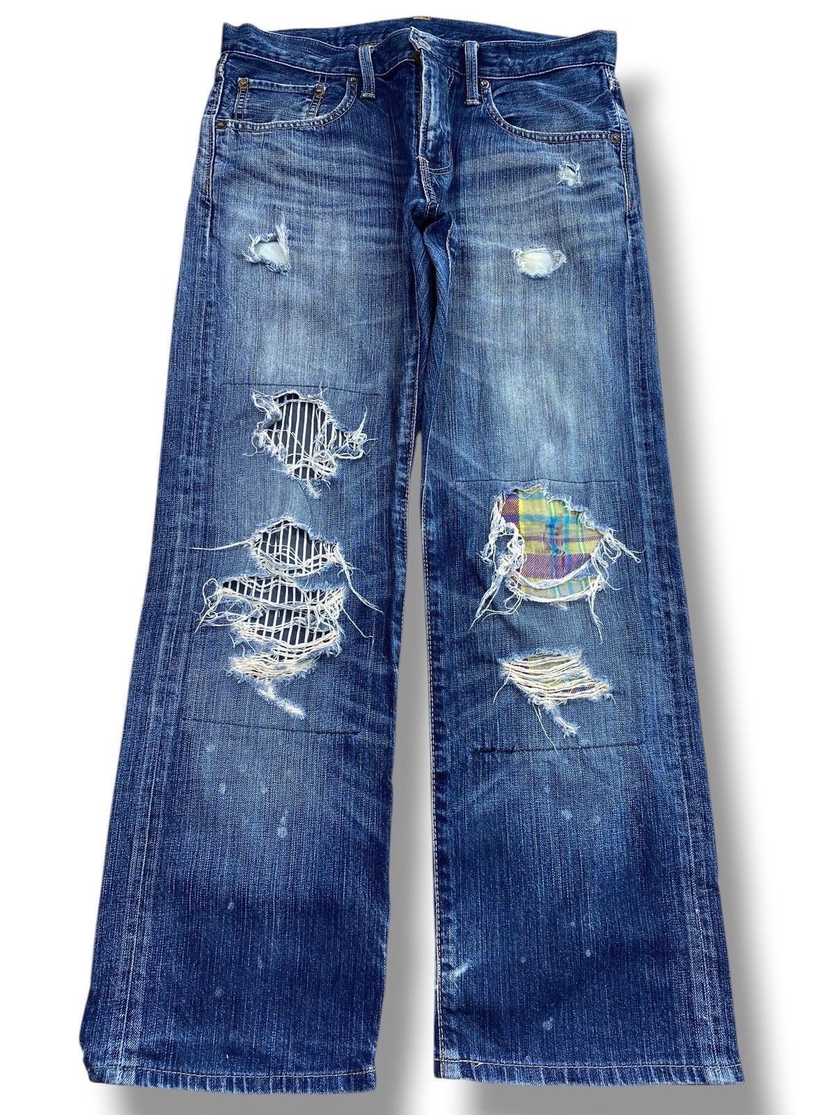 Edwin Vintage Edwin 503 Blue Wash Distress Patch Style Loose Jeans Size US 31 - 1 Thumbnail