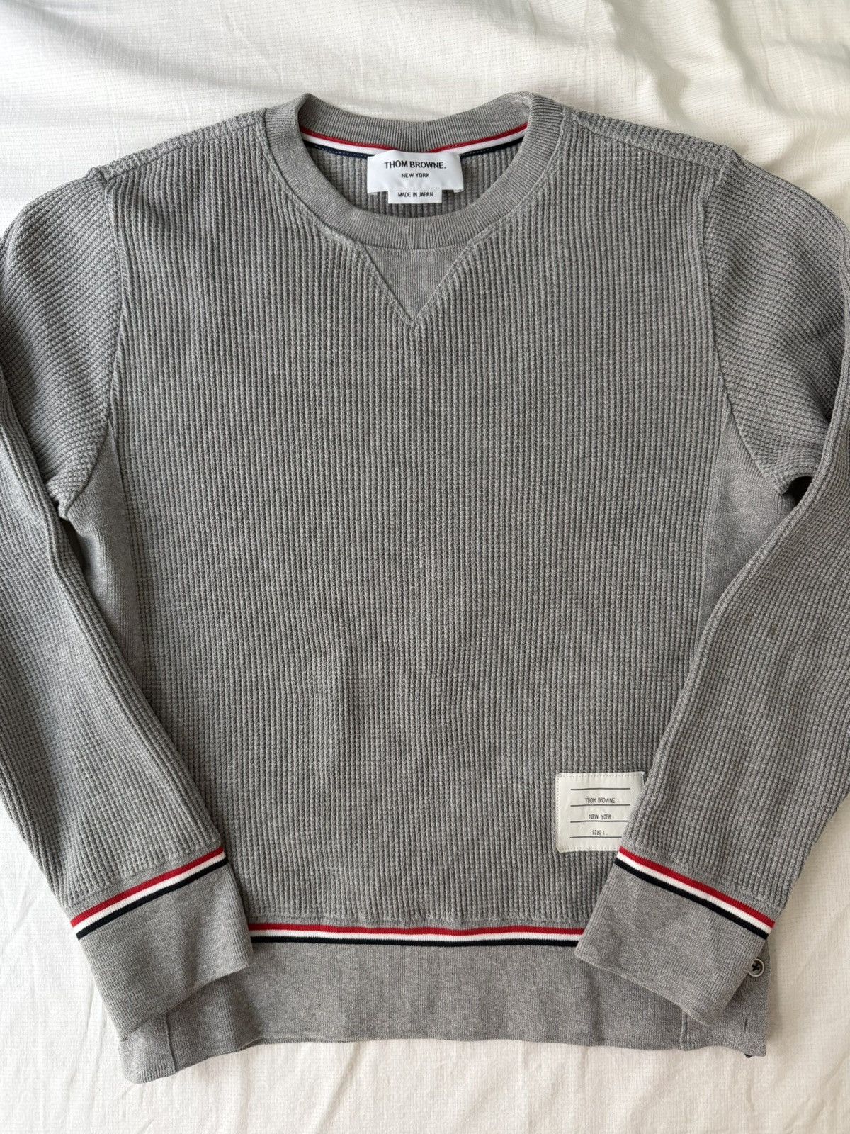 Thom Browne Thom Browne Waffle Sweatshirt with RWB stripes Size US S / EU 44-46 / 1 - 1 Thumbnail