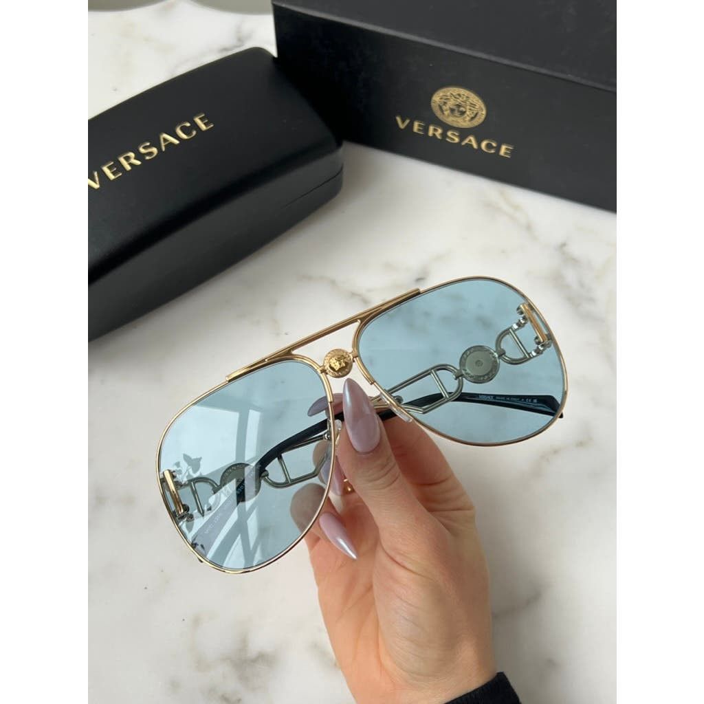 image of New Versace Ve2255 Aviator Sunglasses In Gold Blue, Men's