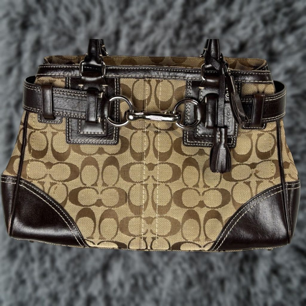 Coach Hampton Monogram Jacquard Handbag Satchel Medium Chocolate Brown Crossbody Womens
