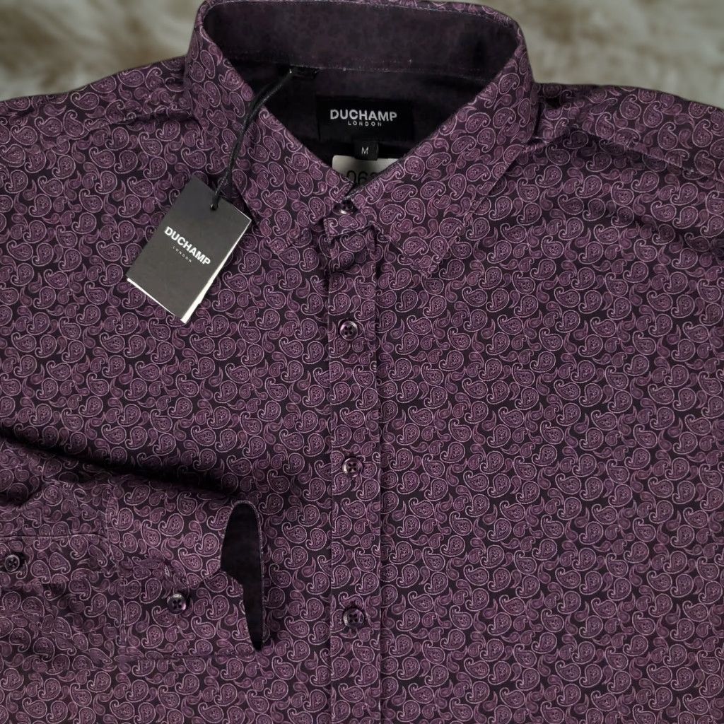 Vintage Duchamp Shirt Mens Medium Purple Paisley Button-Up Long Sleeve Size 40R - 1 Thumbnail