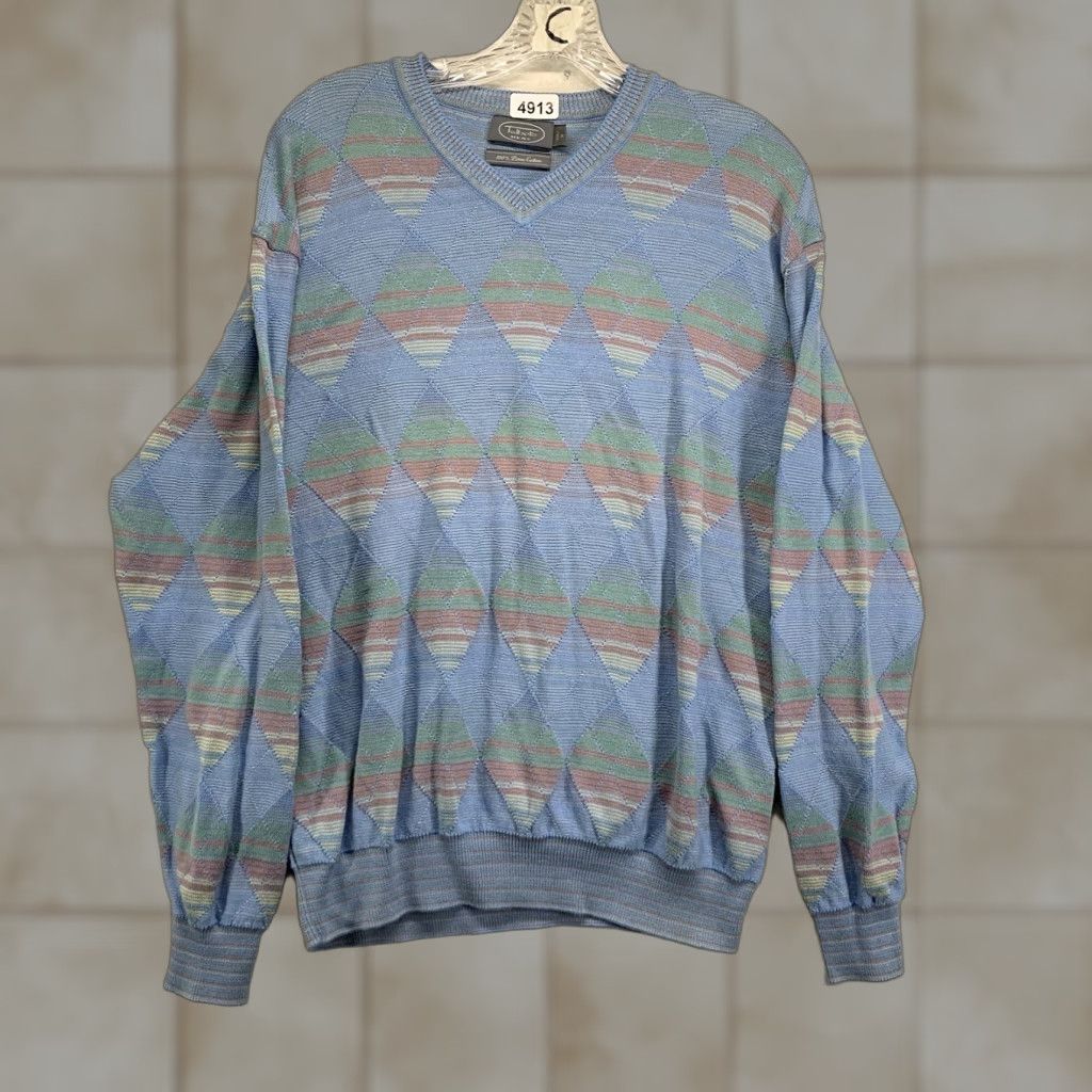 Talbots VINTAGE Talbots Argyle Sweater Men's M Blue 100% Pima Cotton Pullover Long Sleeve 80s 90s Golf Mens Size US M / EU 48-50 / 2 - 1 Thumbnail