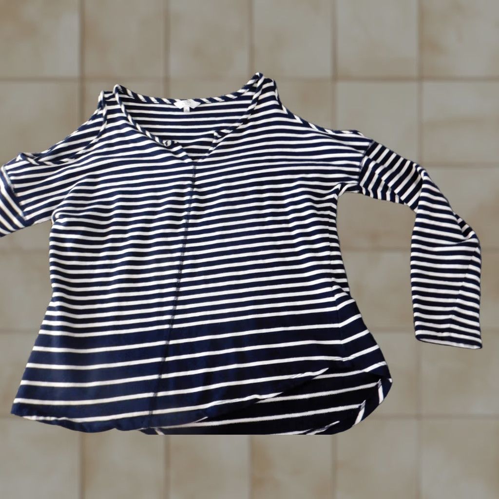 Vintage Crown & Ivy Blouse Womens M Blue Striped Off the Shoulder Pullover Lightweight Stretch Casual Regular Long Sleeve Shirt Size M / US 6-8 / IT 42-44 - 1 Thumbnail