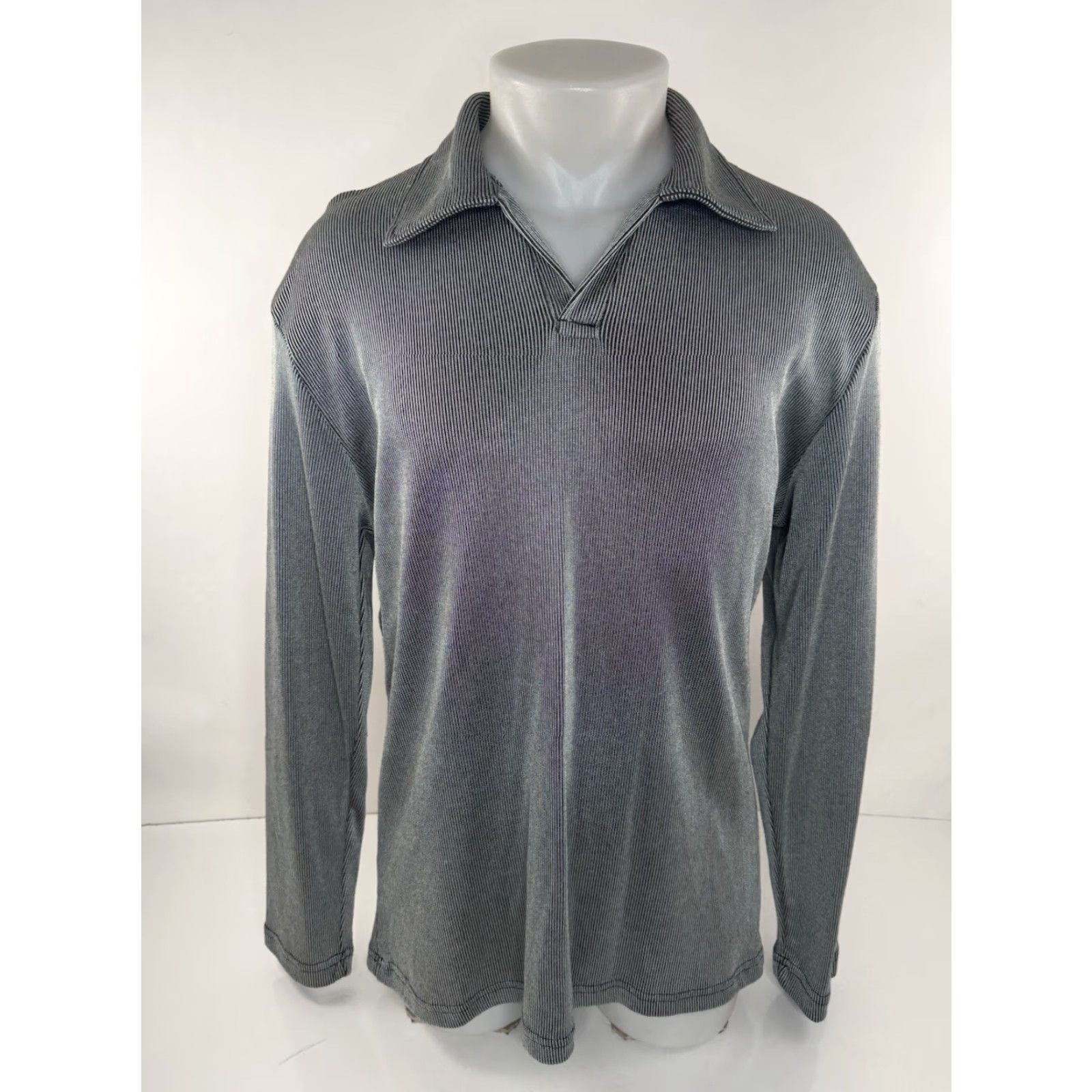 Vintage YMLA Clubbing Vintage Shiny Stretch Ribbed Fitted XL Shirt EXCELLENT Men Long Sleeve Button-Up Black / Silver 90sB10 Size US XL / EU 56 / 4 - 2 Thumbnail