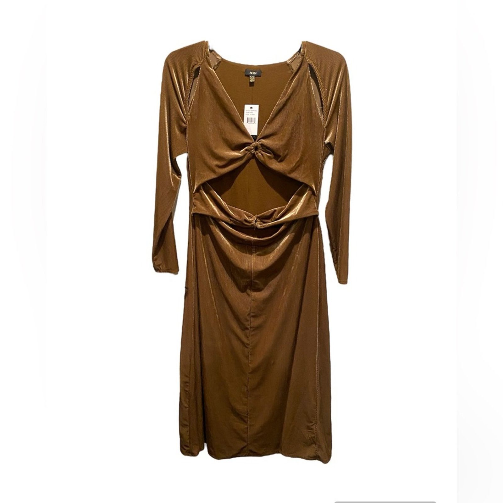 REVOLVE AFRM CALA RIBBED CUTOUT LONG SLEEVE VELVET MIDI DRESS SEPIA Size XL / US 12-14 / IT 48-50 - 2 Thumbnail