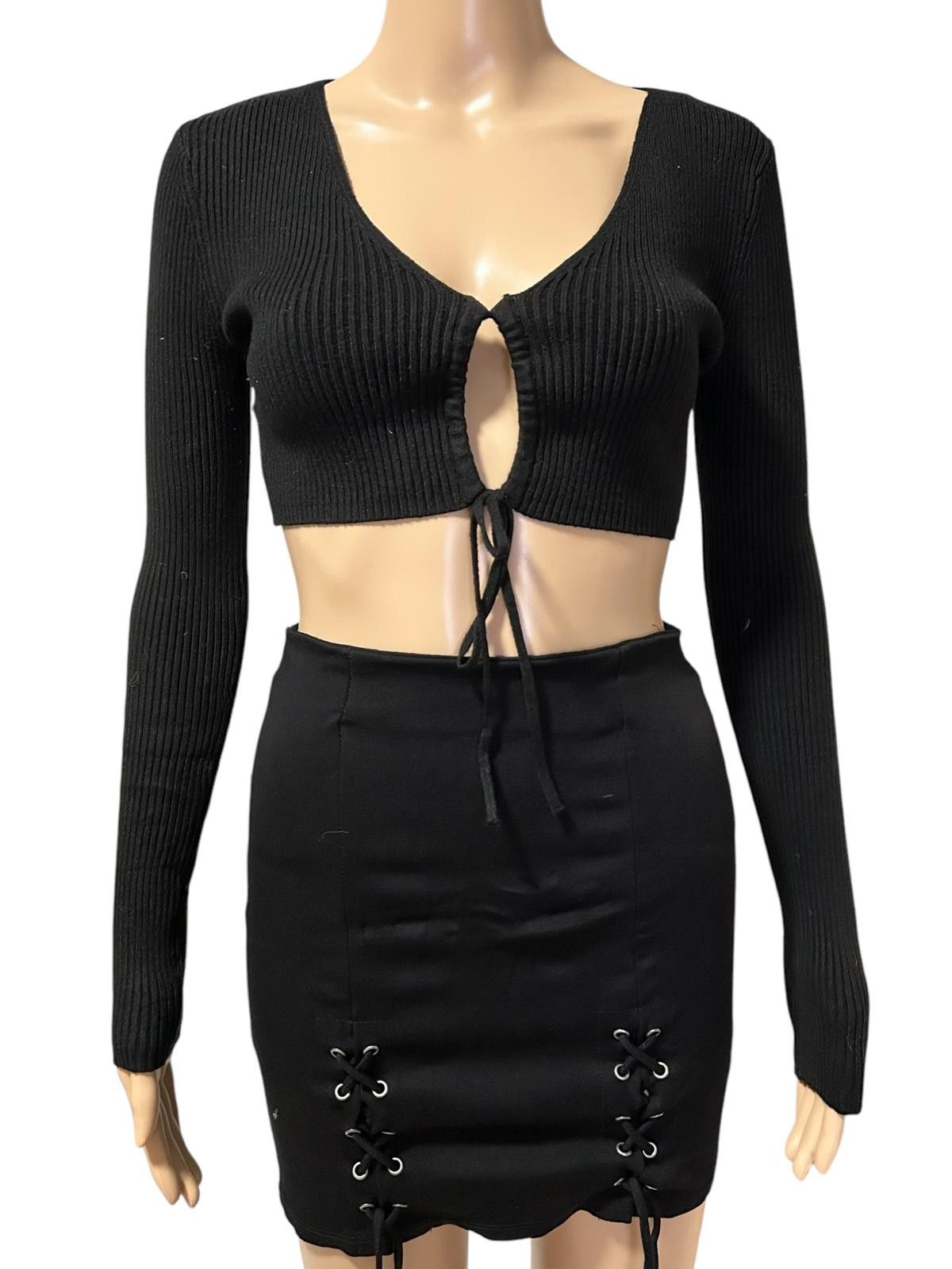 Zara Chic Black Ribbed Crop Top with Tie Detail Size S / US 4 / IT 40 - 1 Thumbnail