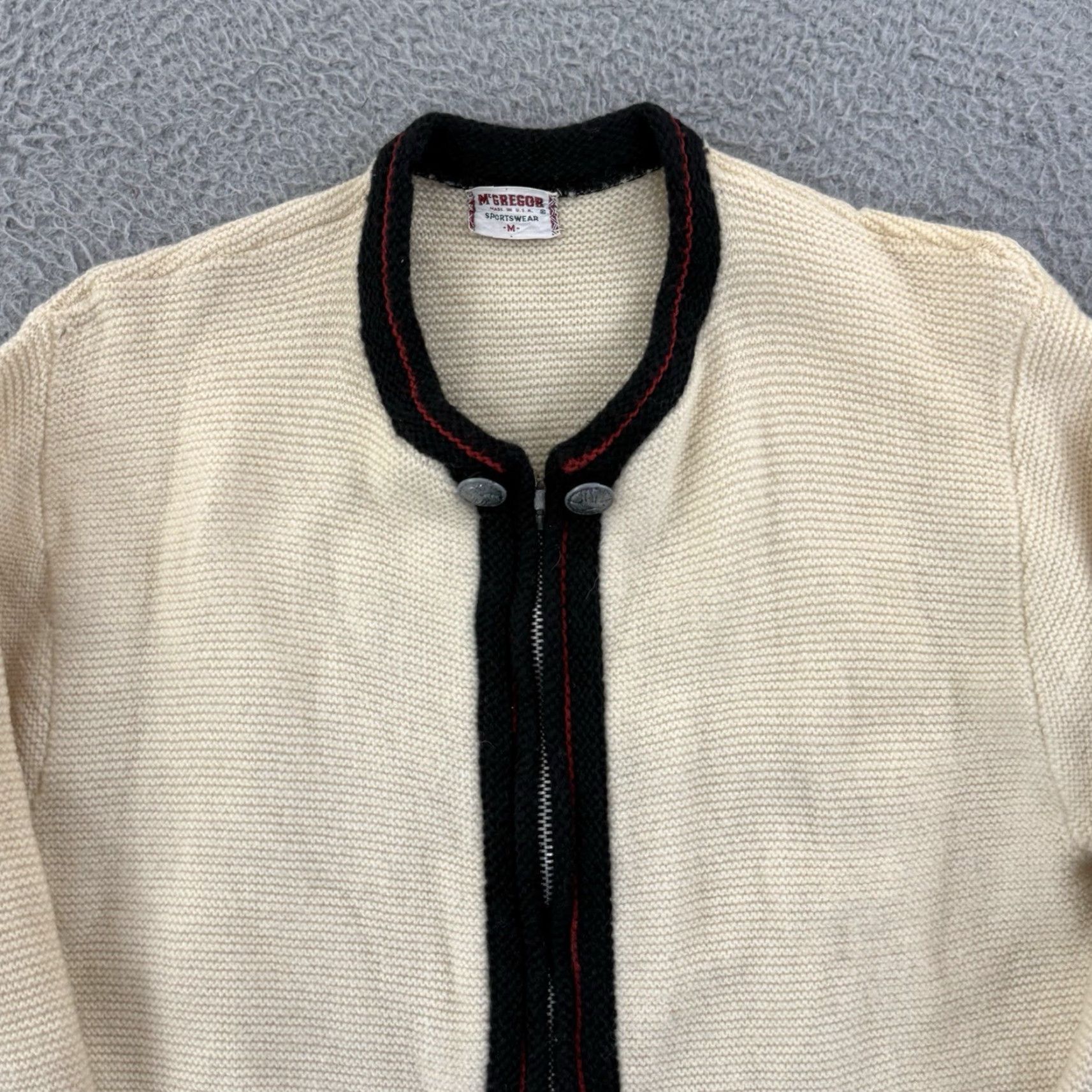 McGregor VINTAGE McGregor Sportswear Cardigan Sweater Women’s Medium 60s Wool Zip USA Ivory Crew Neck Long Sleeve Asymmetrical Sleeve Pockets Logo Knit Size M / US 6-8 / IT 42-44 - 3 Thumbnail