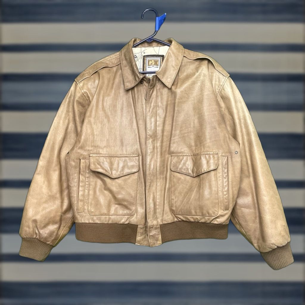 G-III Leather Bomber Jacket Mens M Zip Front Map Lining Aviator Flight Retro Solid Brown Short Coat World Map Pattern