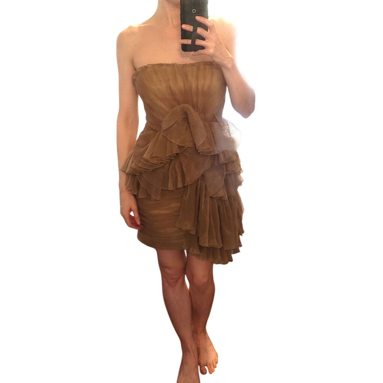 Bcbgmaxazria BcbgMaxAzria Runway Ruffle Mini Dress Womens 0 Tan Size XS / US 0-2 / IT 36-38 - 2 Thumbnail