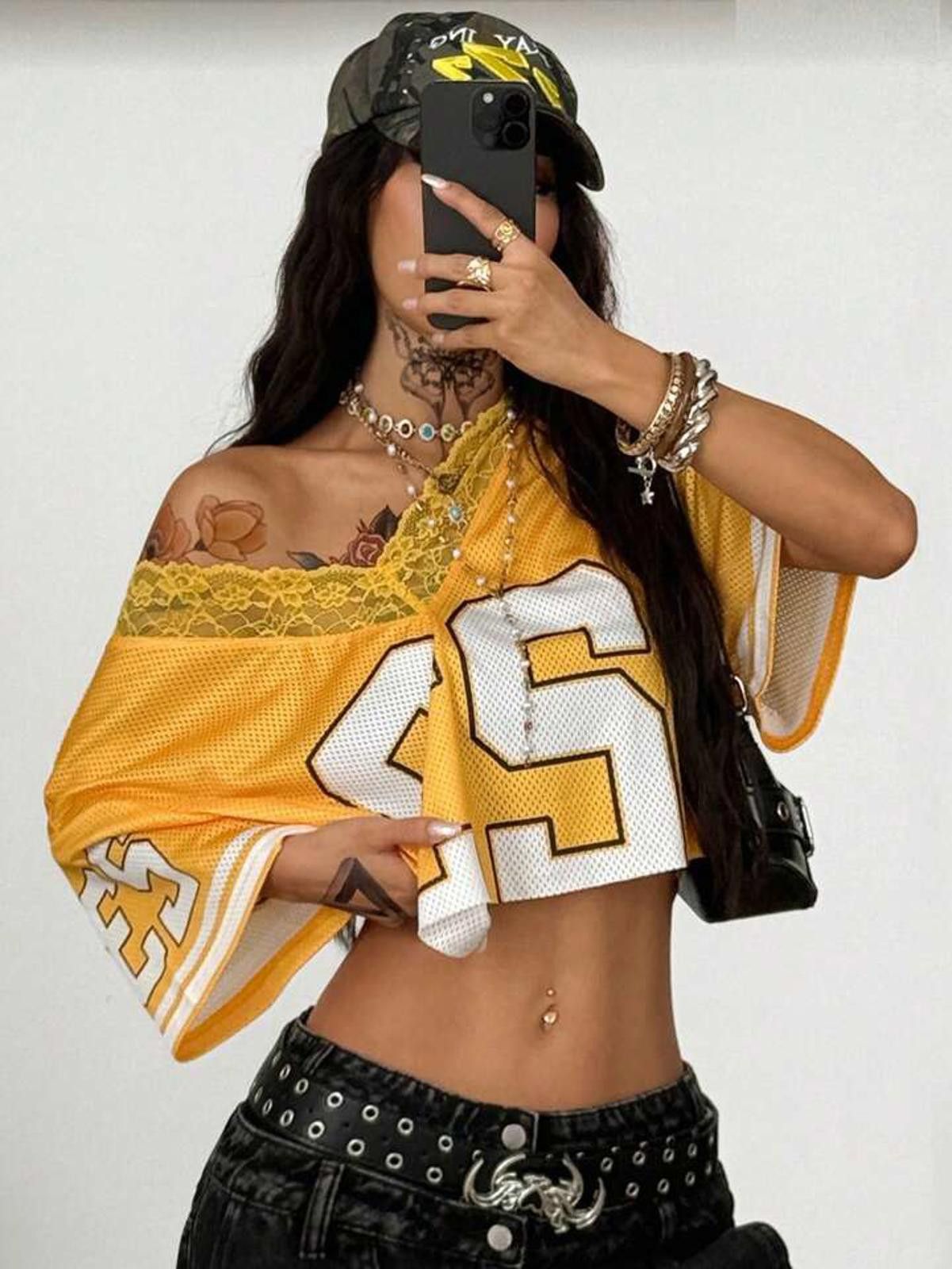 Other Yellow 23 Lace Trim Mesh Crop Top Jersey Size ONE SIZE - 3 Thumbnail