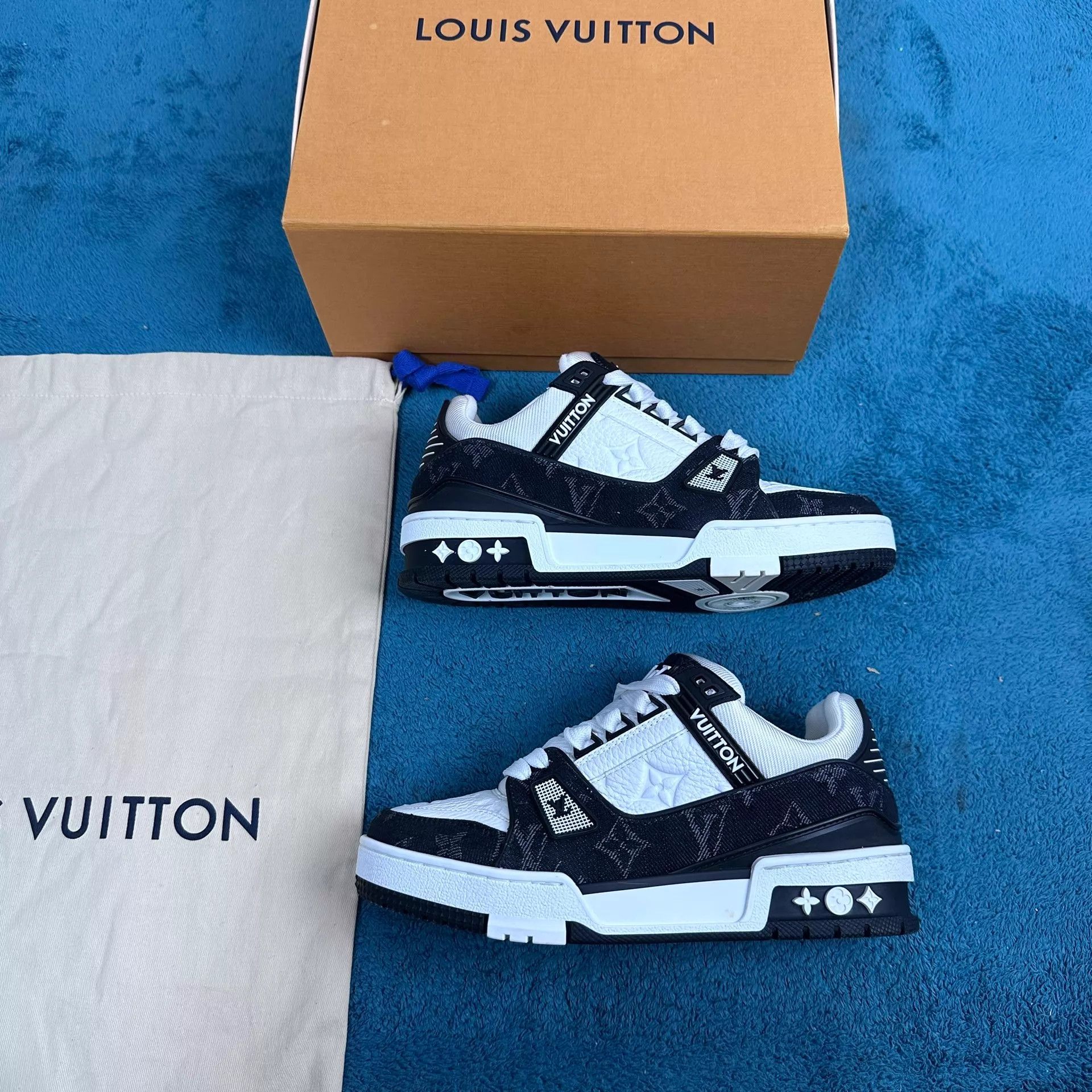 Louis Vuitton LV Trainer Black White Panda Allover Print Denim 35 Size US 4.5 / IT 34.5 - 2 Thumbnail