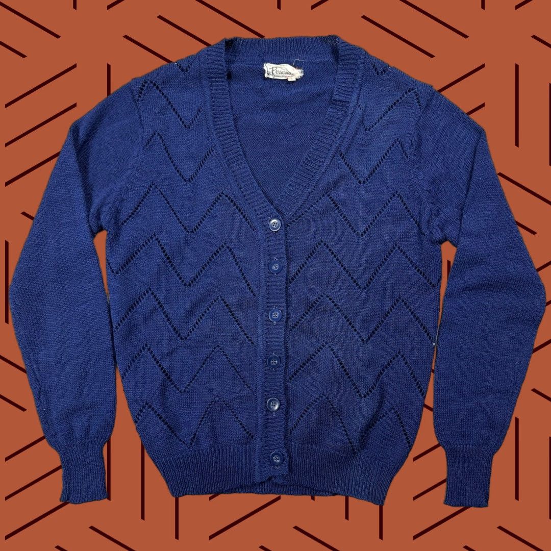 Vintage VINTAGE Leslie Fay Cardigan Sweater Womens Large Navy Blue 1970s Button V-Neck Mod Size L / US 10 / IT 46 - 1 Thumbnail