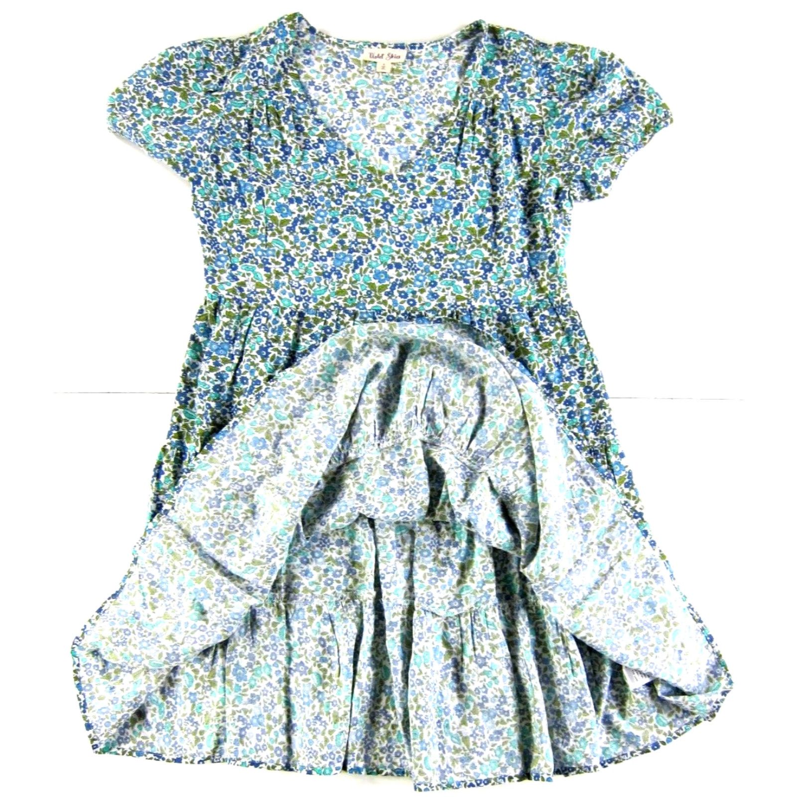Vintage Violet Skies Dress Violet Skies 100% Rayon Floral V-Neck Short Sleeve Tiered Dress S Green Women Midi Kaftan Sundress (Small) Size 28" / US 6 / IT 42 - 6 Thumbnail