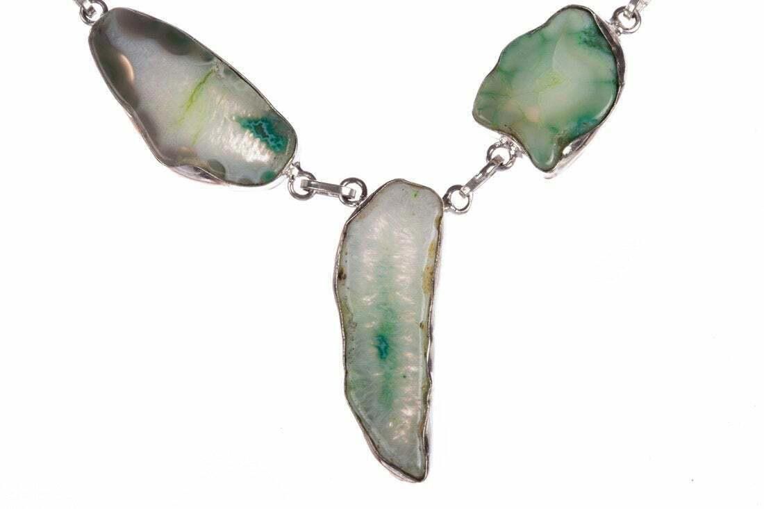 Handmade Sterling and Green Druzy Agate Stone Bezel Set Necklace Size ONE SIZE - 1 Thumbnail