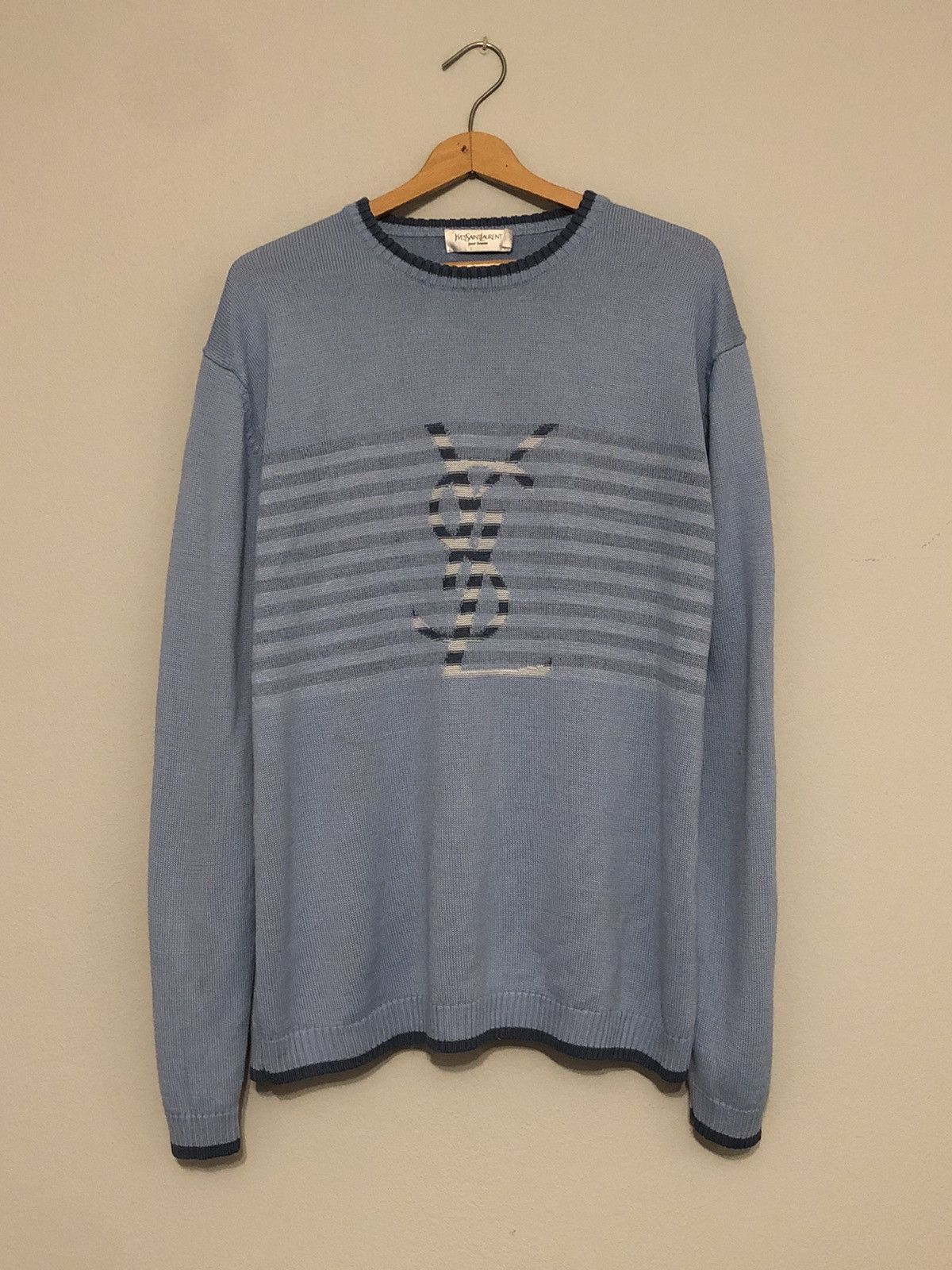 image of Vintage YVES Saint Laurent Big Logo Sweater in Blue, Men's (Size Large)