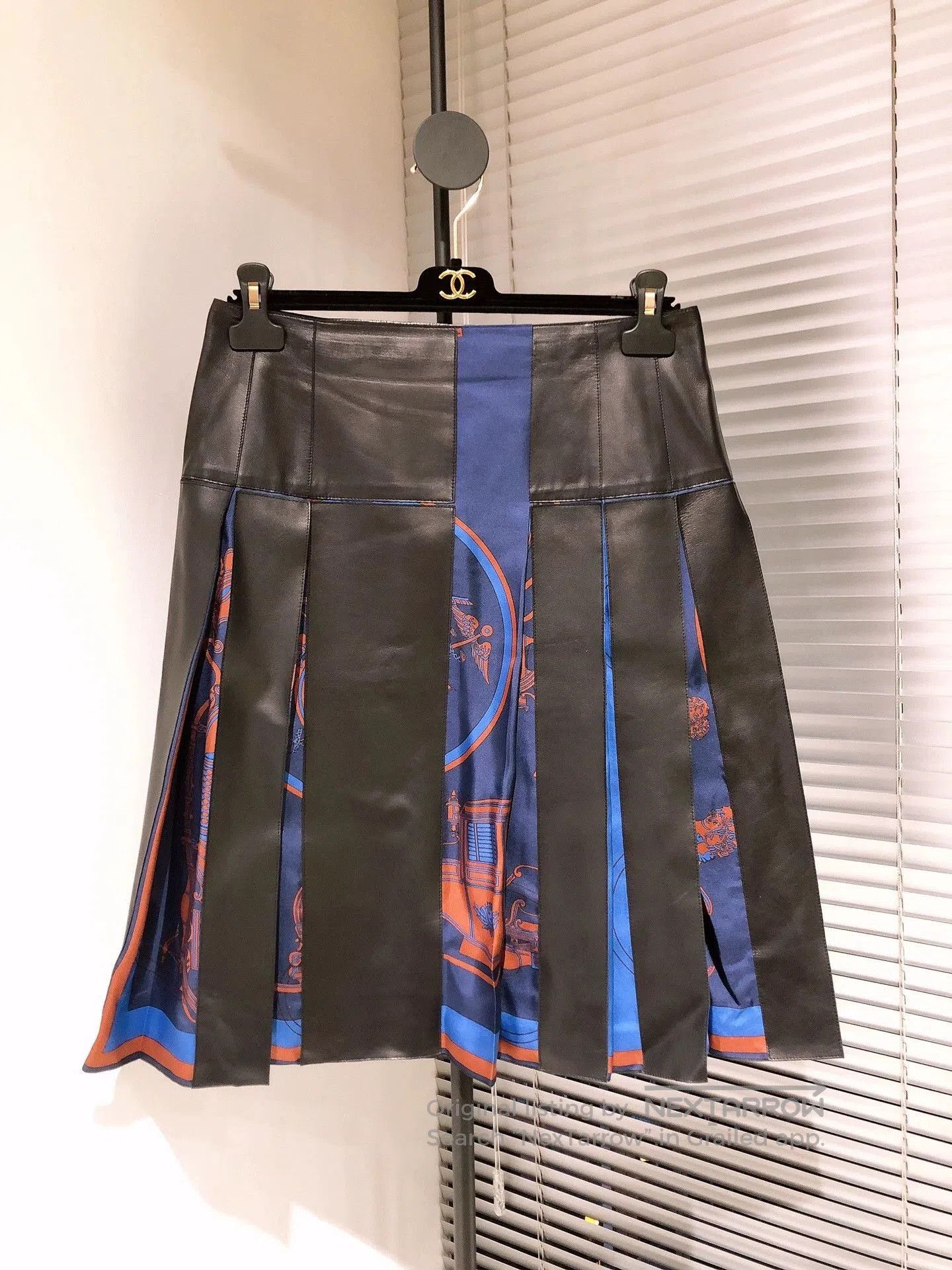 Hermes Black Leather Silk Pleated Skirt.