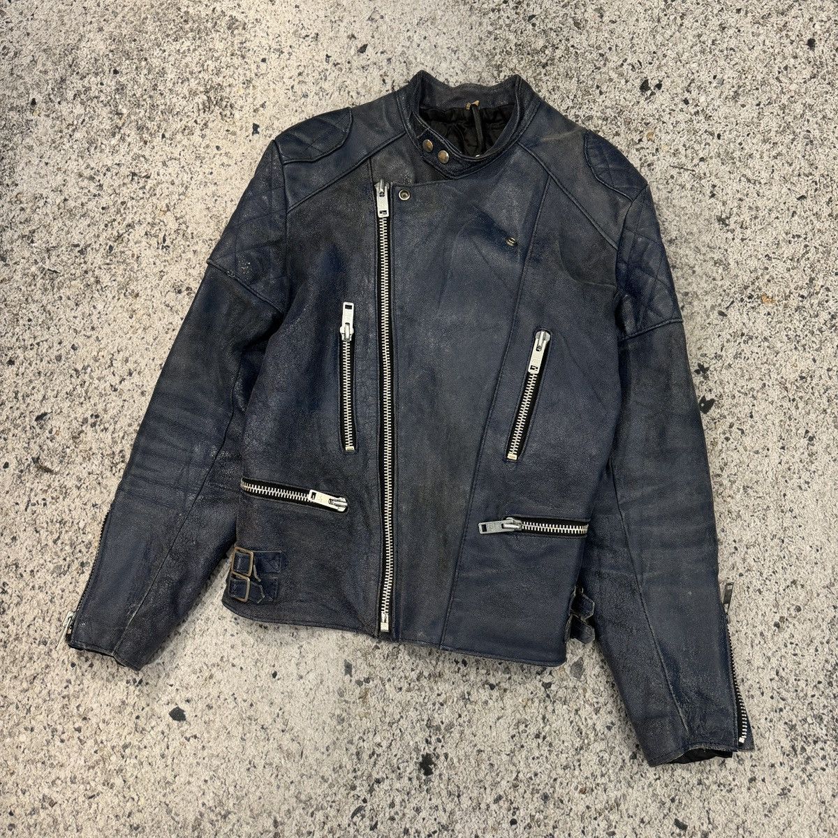 Vintage Faded Washed Blue Leather Moto Zip Jacket ERD Grunge Biker Size US L / EU 52-54 / 3 - 6 Thumbnail