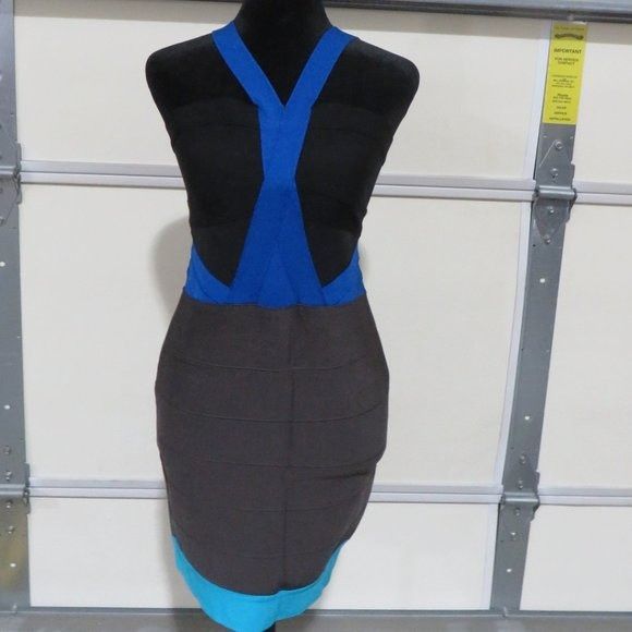 image of Herve Leger Color Block Bandage Mini Dress Crisscross Bodyco in Black, Women's (Size Large)