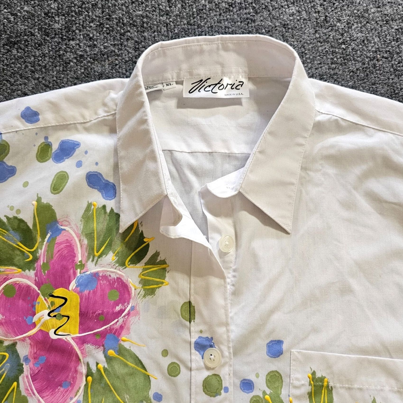 Vintage Victoria Top Women’s XL White Pink Floral Hand Painted Button Casual Blouse Size XL / US 12-14 / IT 48-50 - 2 Thumbnail