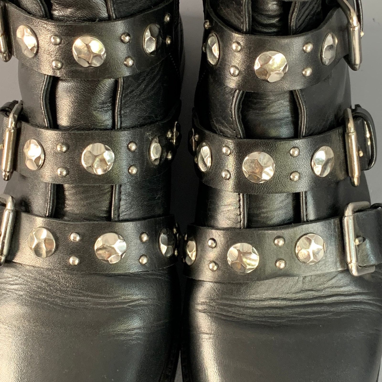 Maje Black Leather Studded Belted Side Zipper Military Ankle Size US 9 / IT 39 - 8 Thumbnail