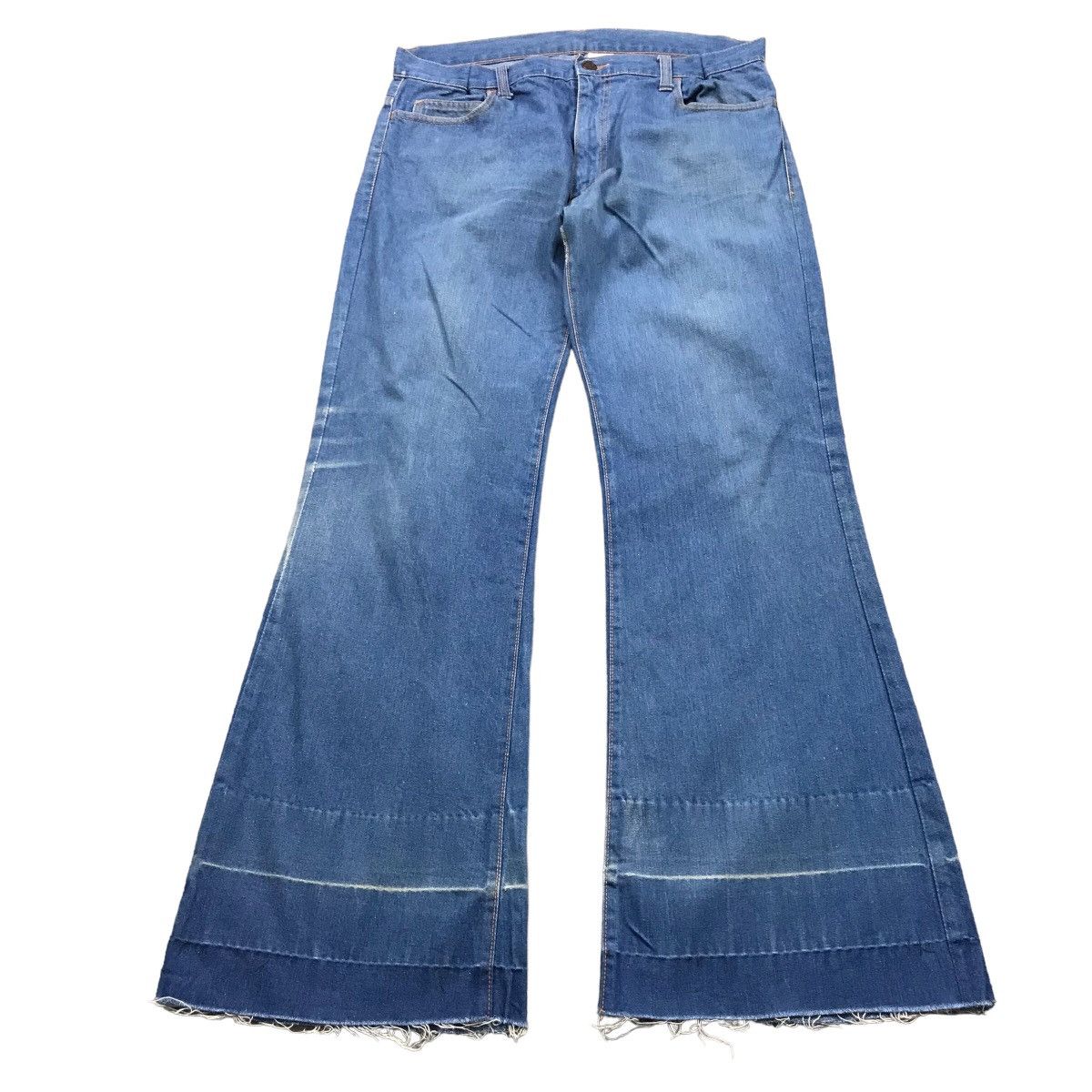 image of Vintage Flare Denim Log Cabin Distressed Bootcut Denim Pants in Blue, Men's (Size 31)