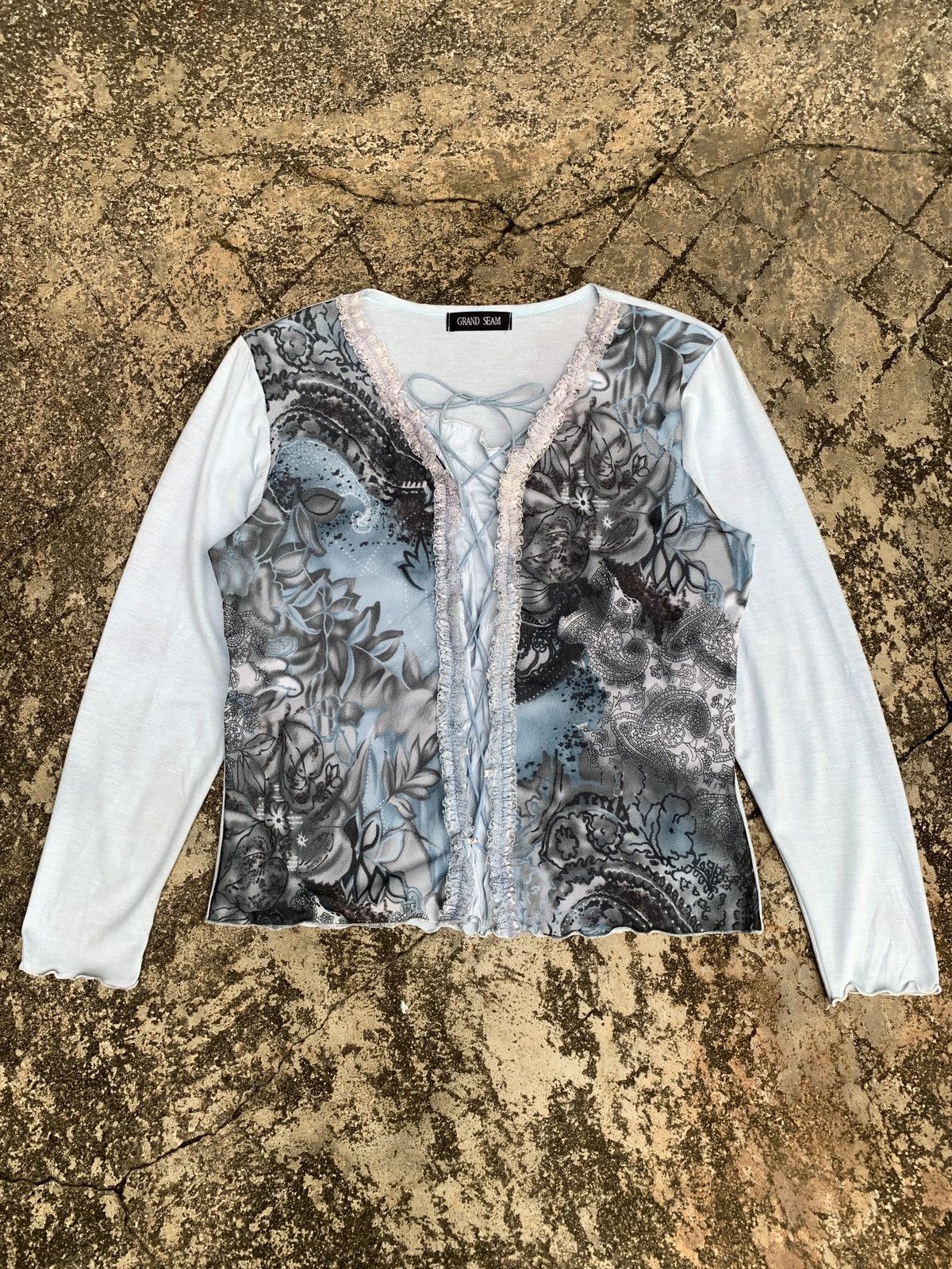 Japanese Brand × Le Grande Bleu (L.G.B.) 2000s Grand Seam Floral Lined Lace up Mesh Longsleeve Top Size L / US 10 / IT 46 - 1 Thumbnail