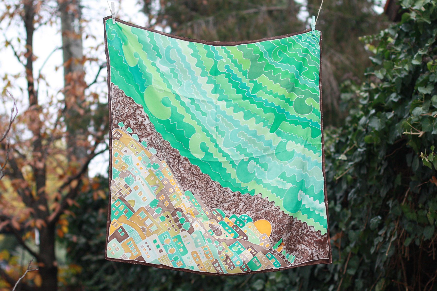 Vintage Vintage 1993 Silk Scarf – Hand-Painted Landscape Design Size ONE SIZE - 2 Thumbnail